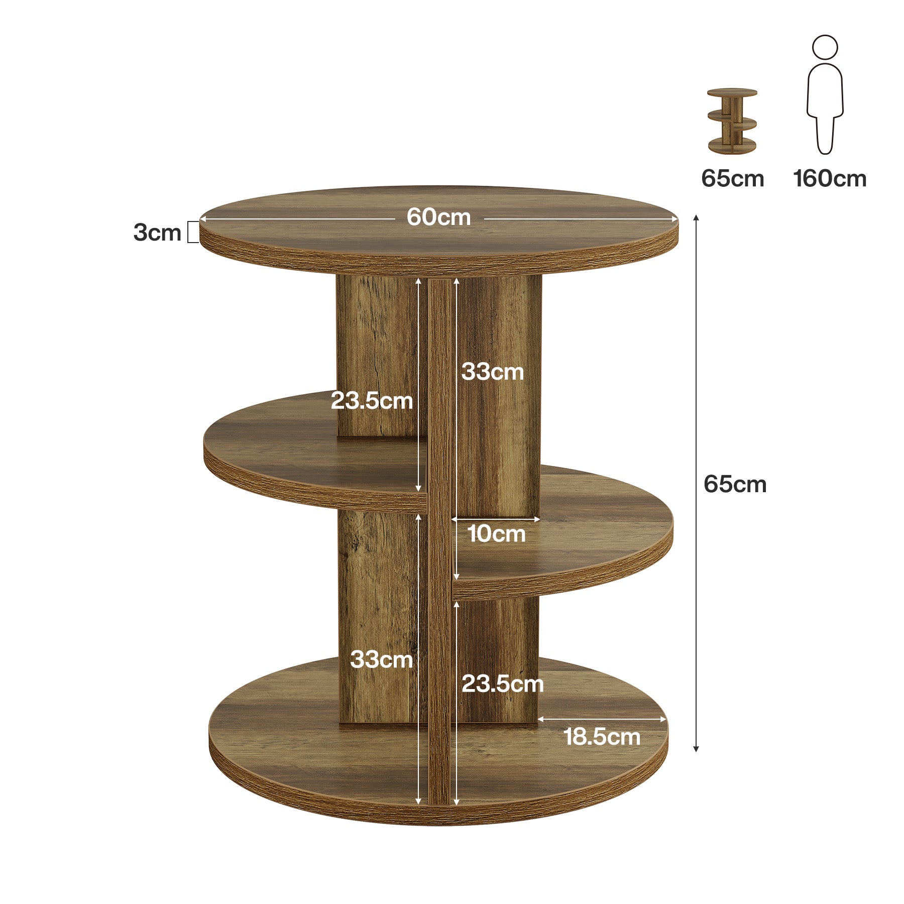Tribesigns 60 cm Tavolino, Tavolino Salotto Rotondo Comodino con 3 Ripiani
