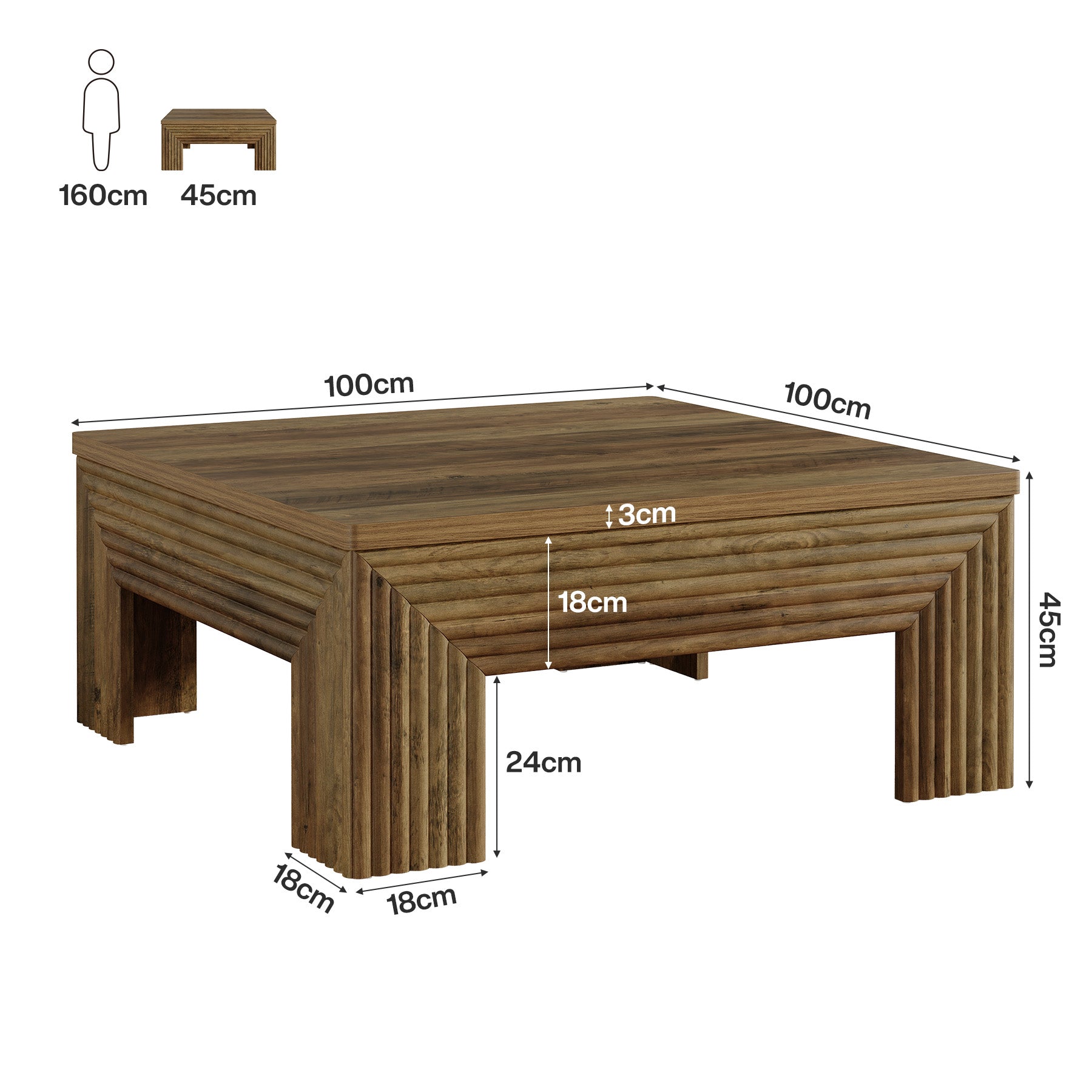 Tribesigns Tavolino da caffè quadrato da 100 cm, tavolino centrale con gambe scanalate