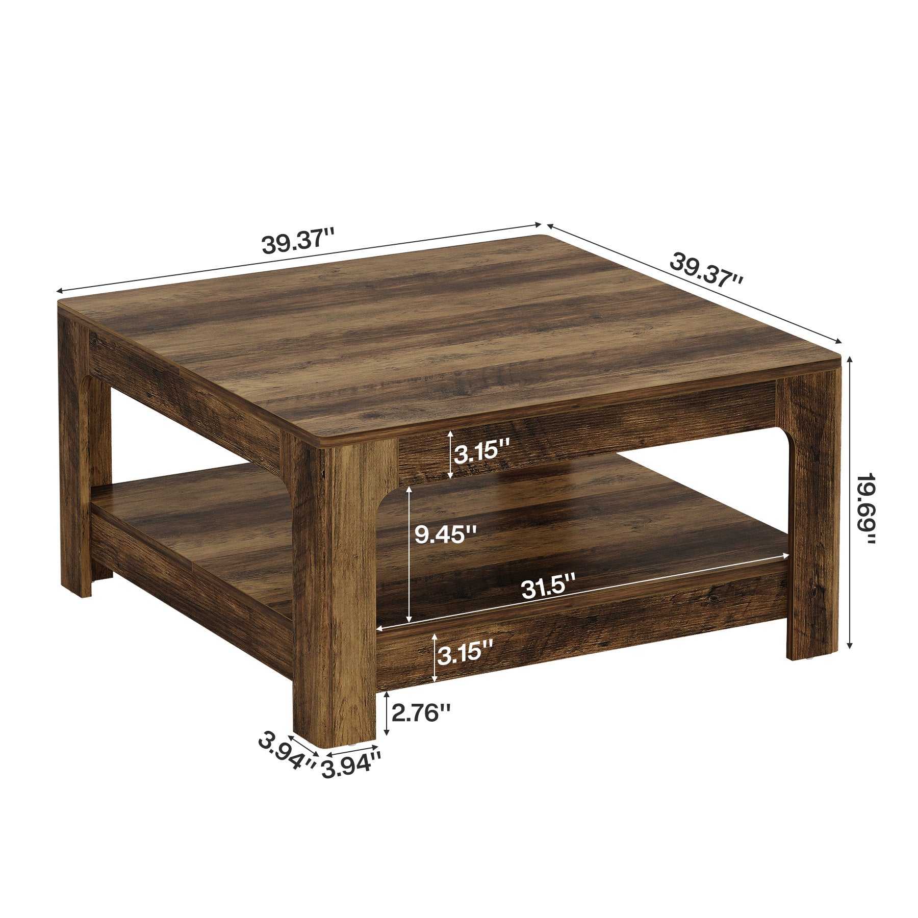 Tavolino da Salotto Country Quadrato con Ripiano, 100 x 100 cm, per Soggiorno