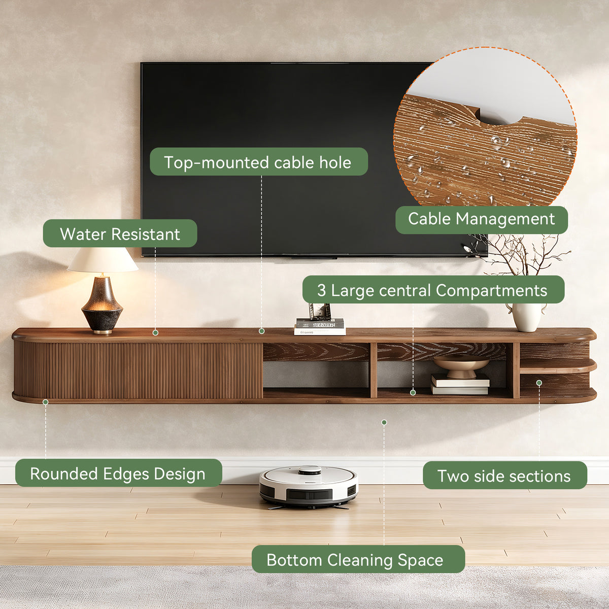 Mobile TV Sospeso in Legno Massello con Ante Scanalate, 180 cm, per TV fino a 90"