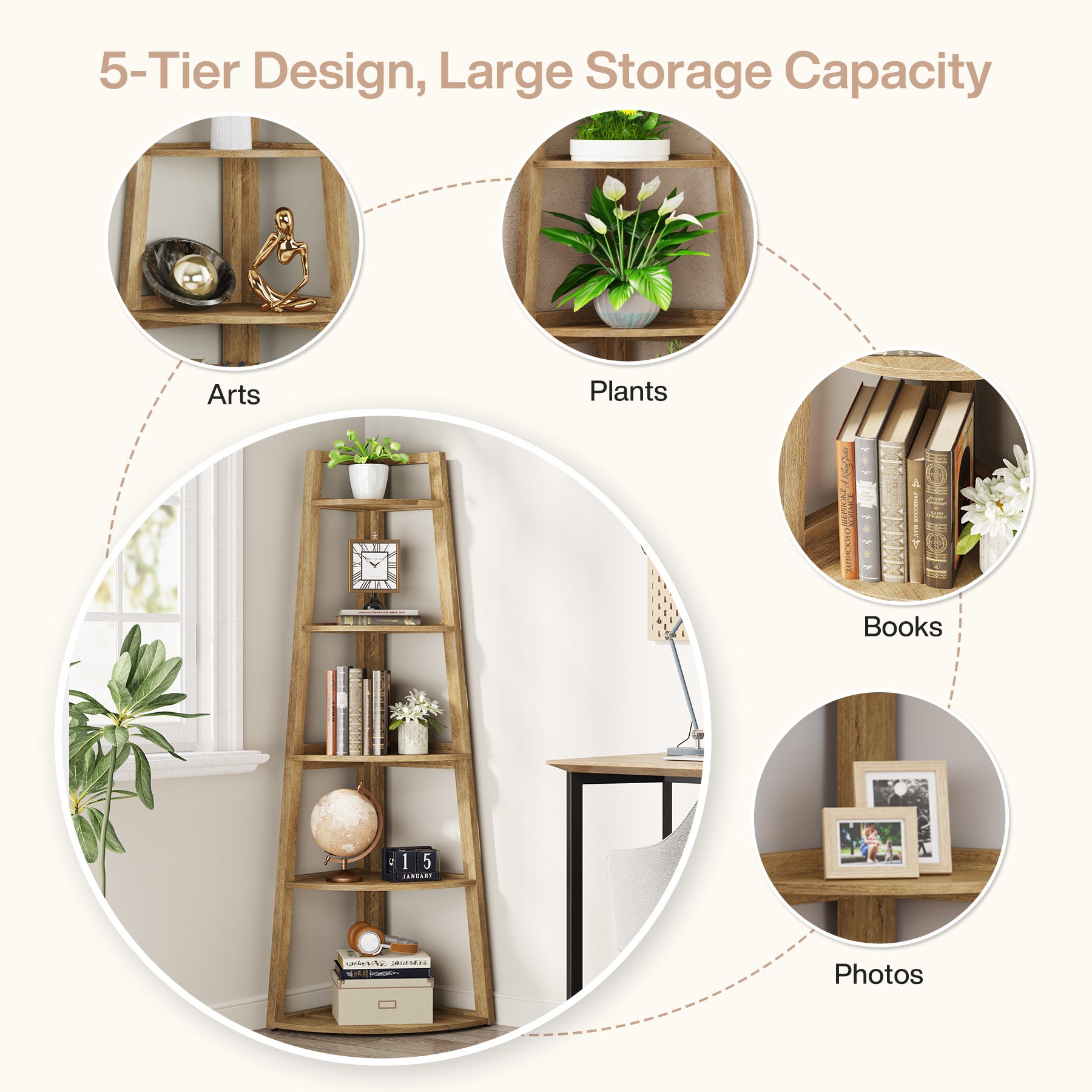 Tribesigns Scaffale angolare alto (178 cm) con 5 ripiani, mobile contenitore salvaspazio per soggiorno