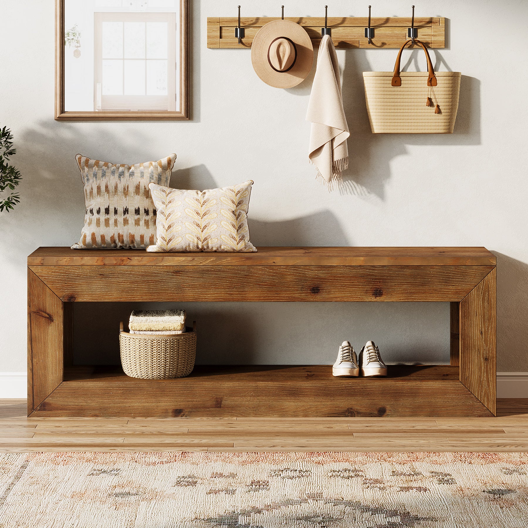 Tribesigns Panca d'ingresso in legno massello da 120 cm con ripiano contenitore, stile rustico