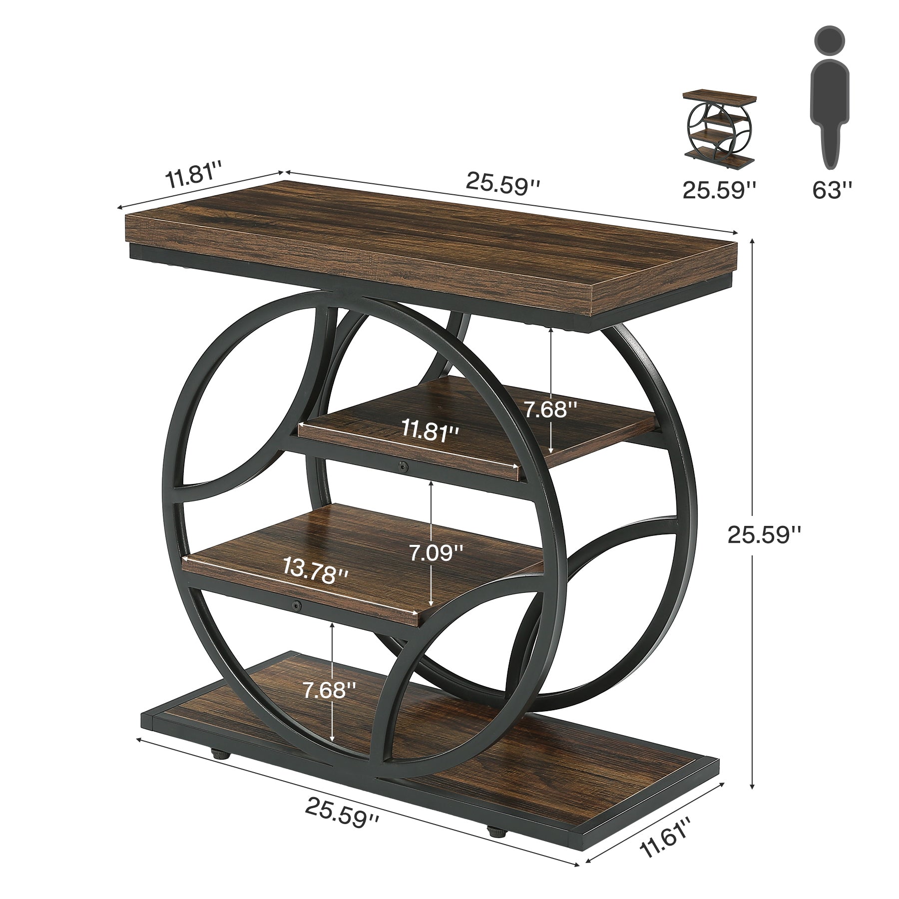 Tribesigns Tavolino laterale da 65 cm, tavolino d'appoggio industriale a 4 ripiani con struttura geometrica in metallo