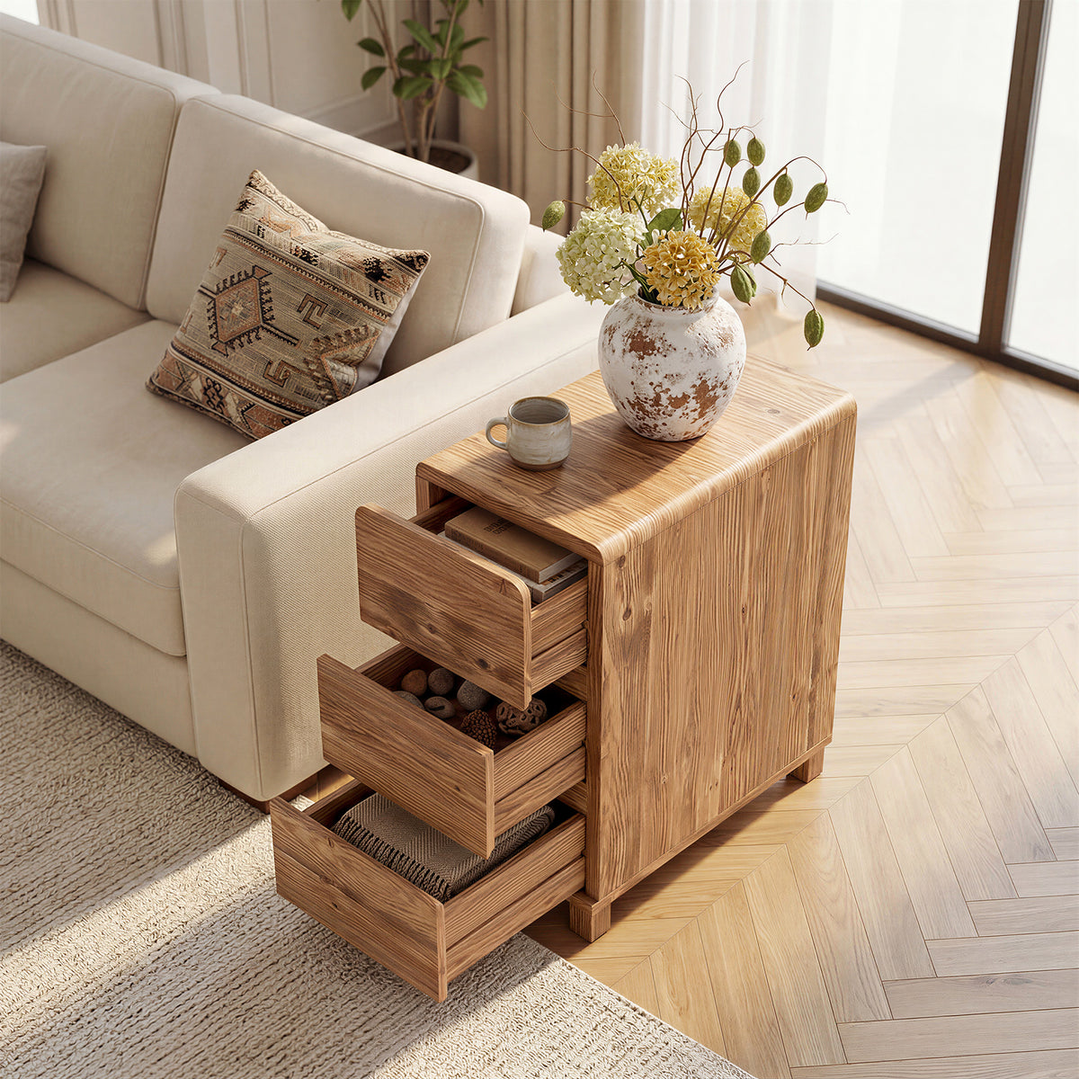 avolino Laterale Stretto in Legno Massello con 3 Cassetti, 60 cm, per Soggiorno