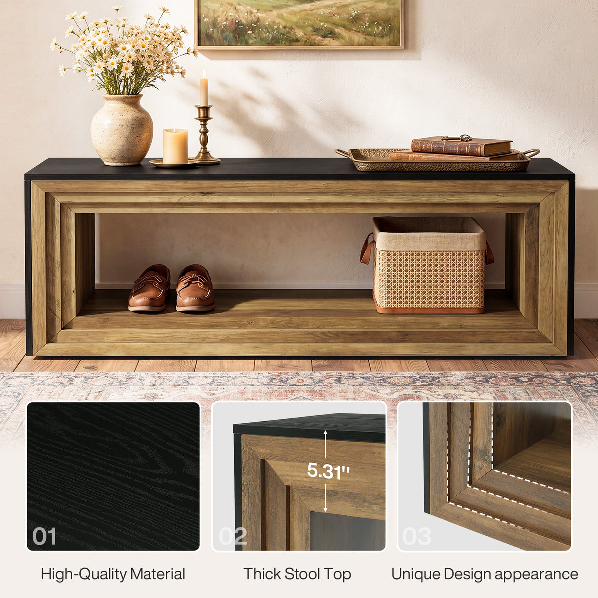Panca Country con Vano Contenitore, 160 cm, per Ingresso, Utilizzabile come Mobile TV
