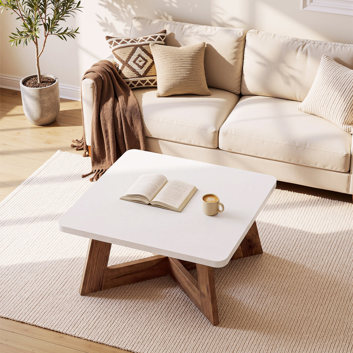 Tavolino da Salotto Quadrato Moderno Bianco con Base a Croce, 80 x 80 cm, per Soggiorno