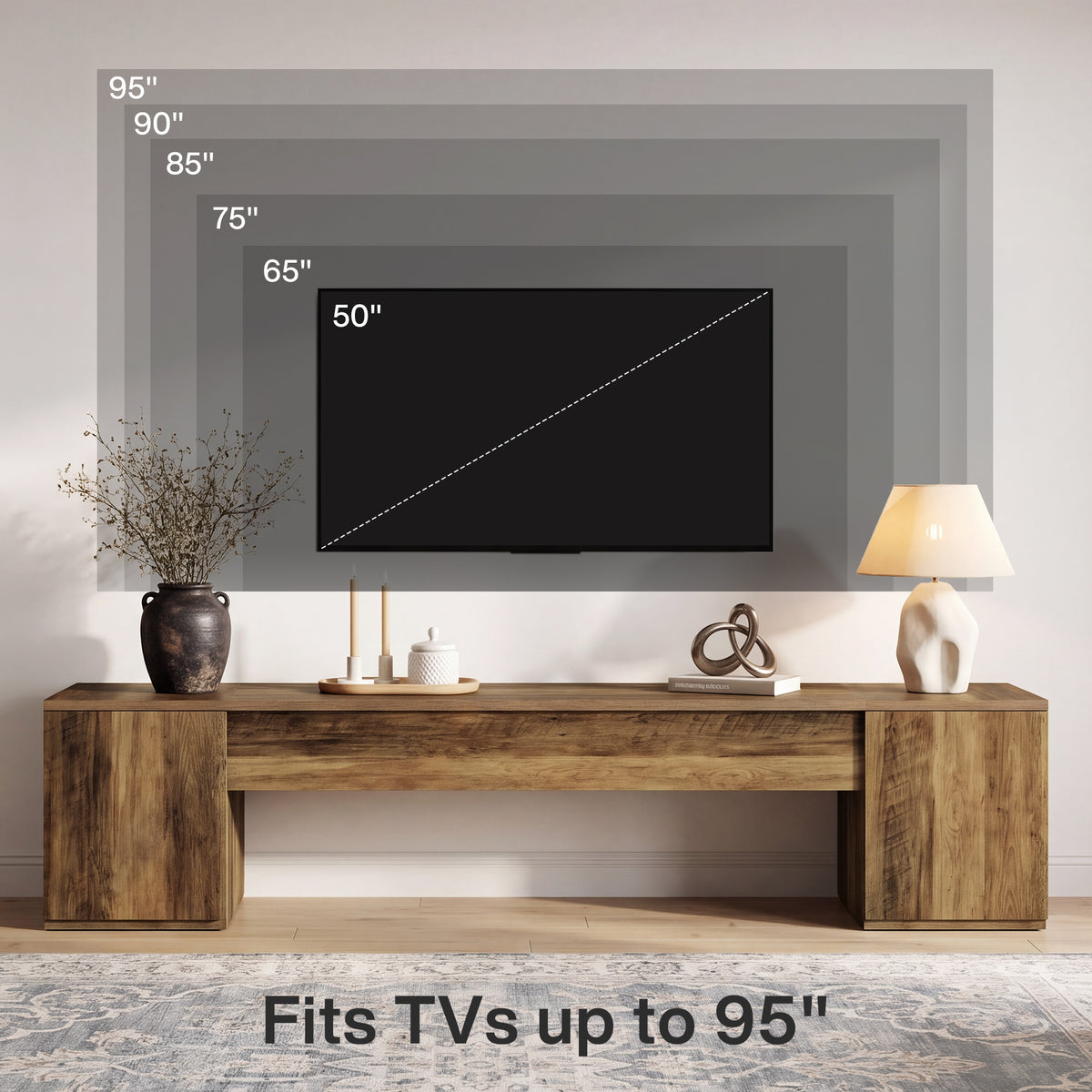 Mobile TV con 2 Vani Contenitori Chiusi, 221 cm, per TV fino a 95"