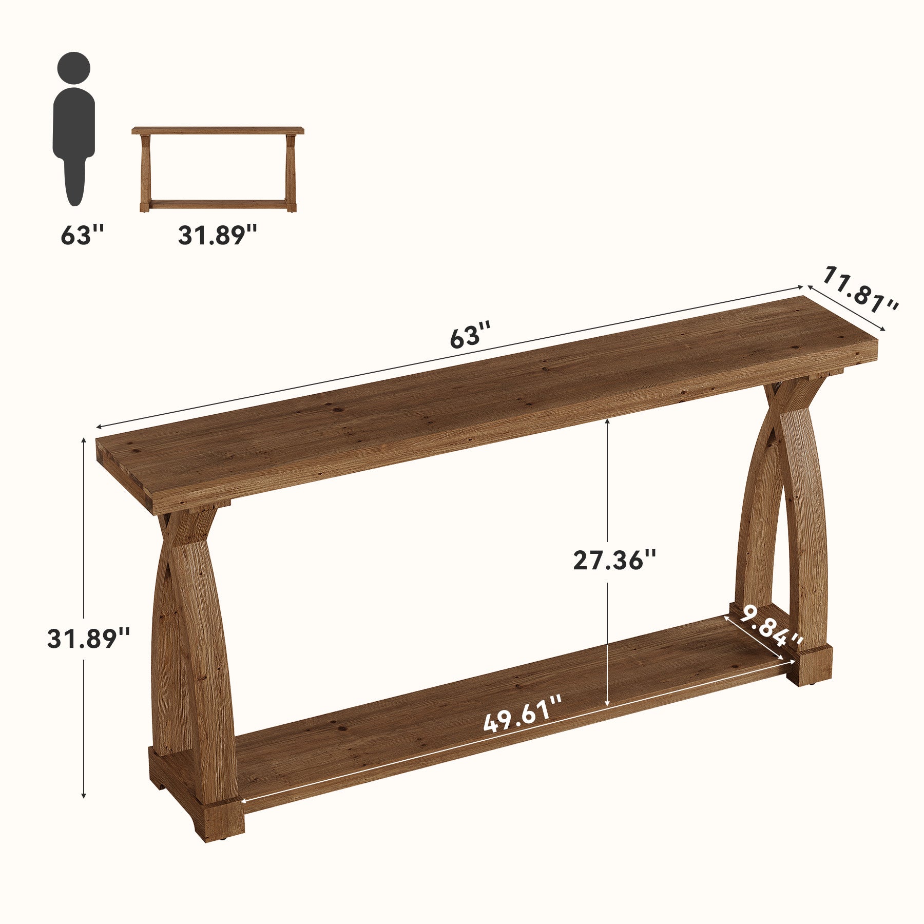 Consolle Stretta in Legno Massello a 2 Ripiani, 160 x 30 cm, per Soggiorno e Ingresso
