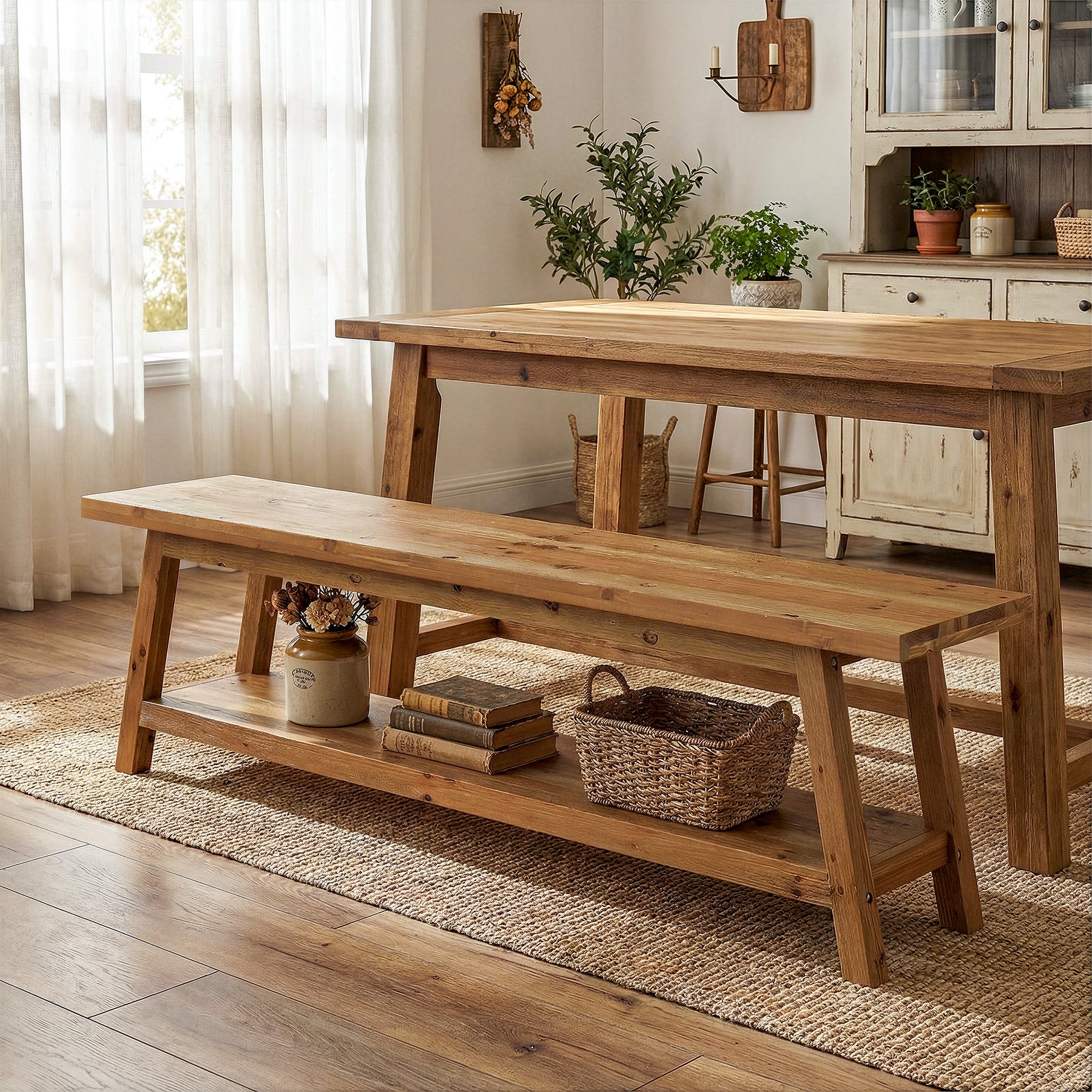 Panca da Pranzo Country in Legno Massello con Ripiano, 160 cm, per Cucina e Sala da Pranzo