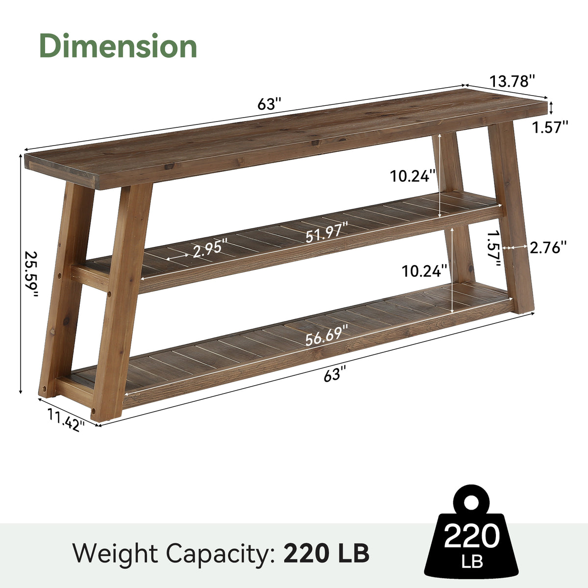 Consolle Country in Legno Massello a 3 Ripiani, 160 cm, per Ingresso