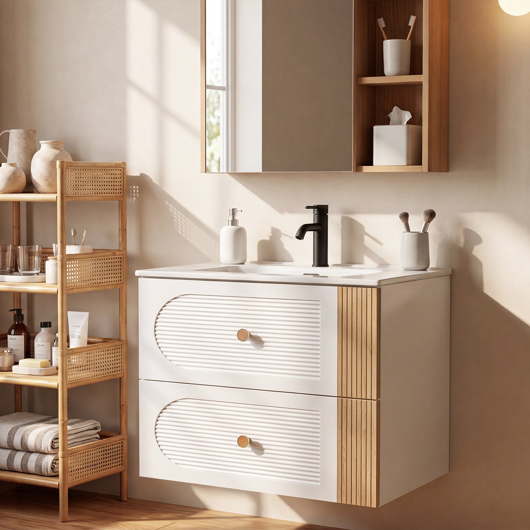 Tribesigns Mobile bagno con lavabo in ceramica da 60 cm, bianco, sospeso, 2 cassetti