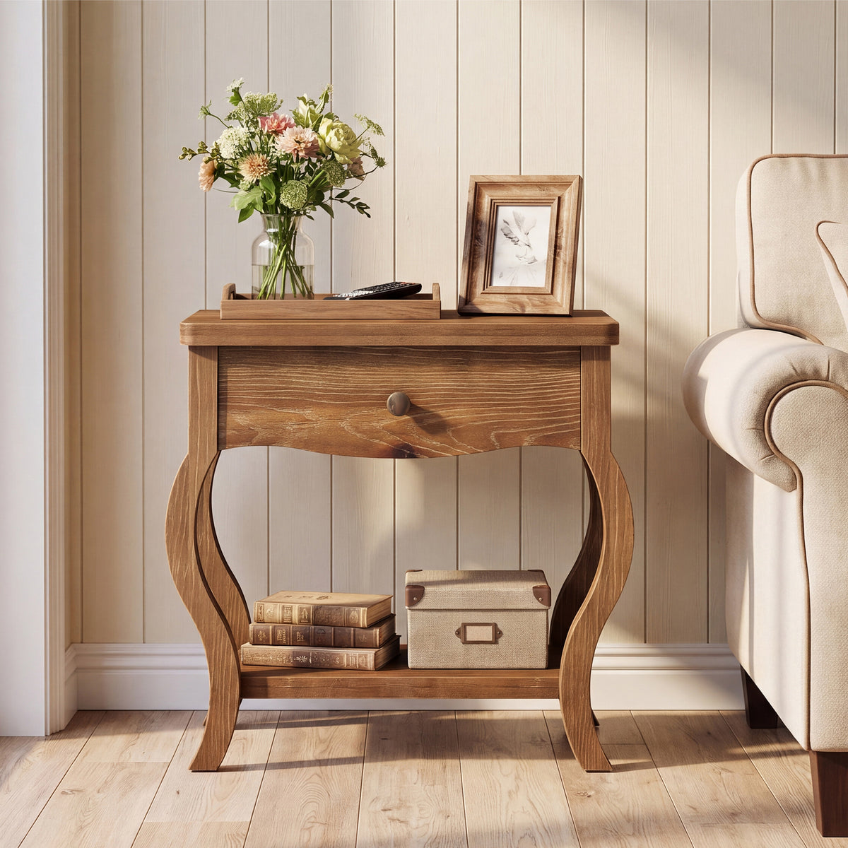 Tavolino Laterale Alto Rustico in Legno Massello con Cassetto, 60 cm, per Soggiorno