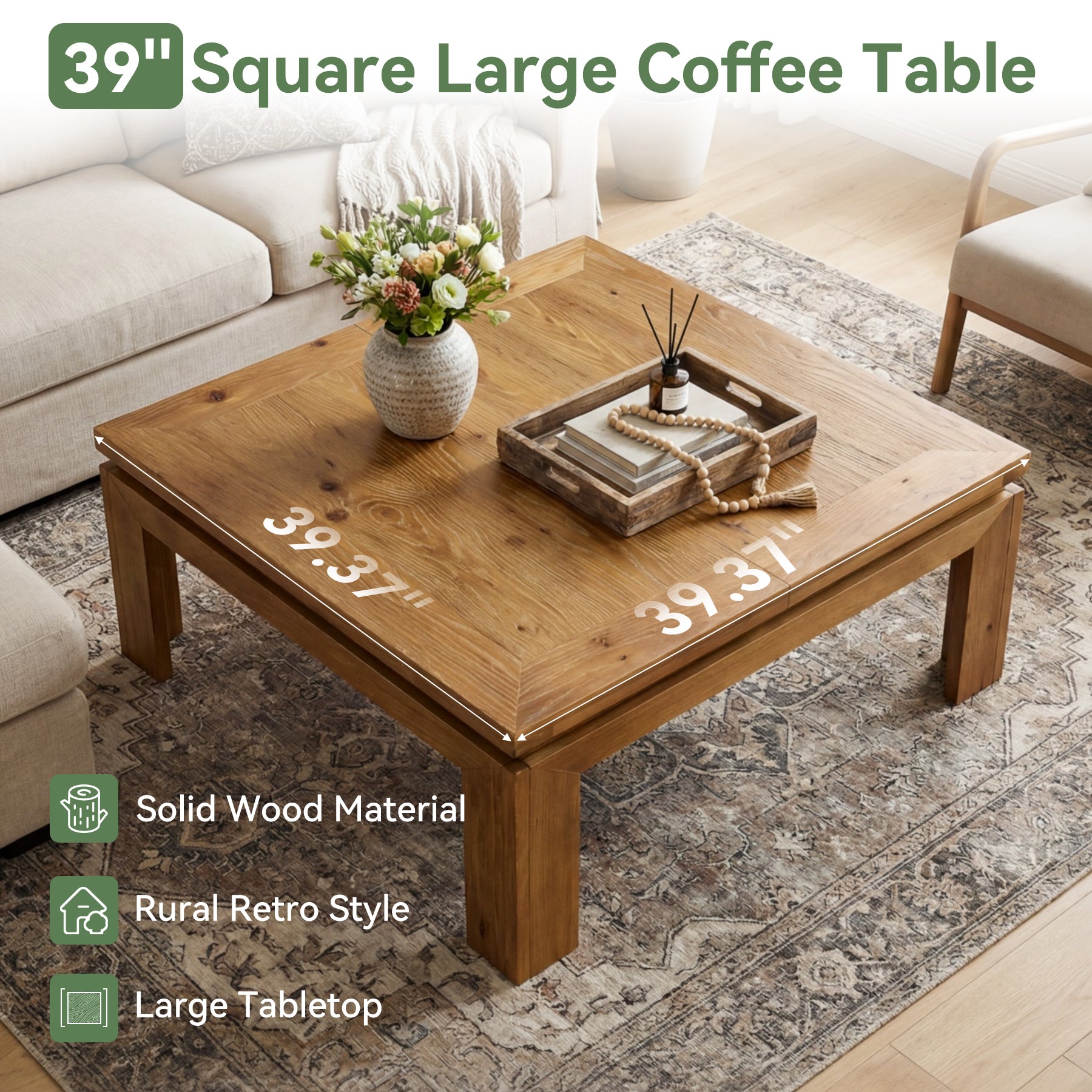 Tribesigns Tavolino da caffè quadrato da 100 cm in legno massello con bordo incassato, stile rustico, ideale per il soggiorno