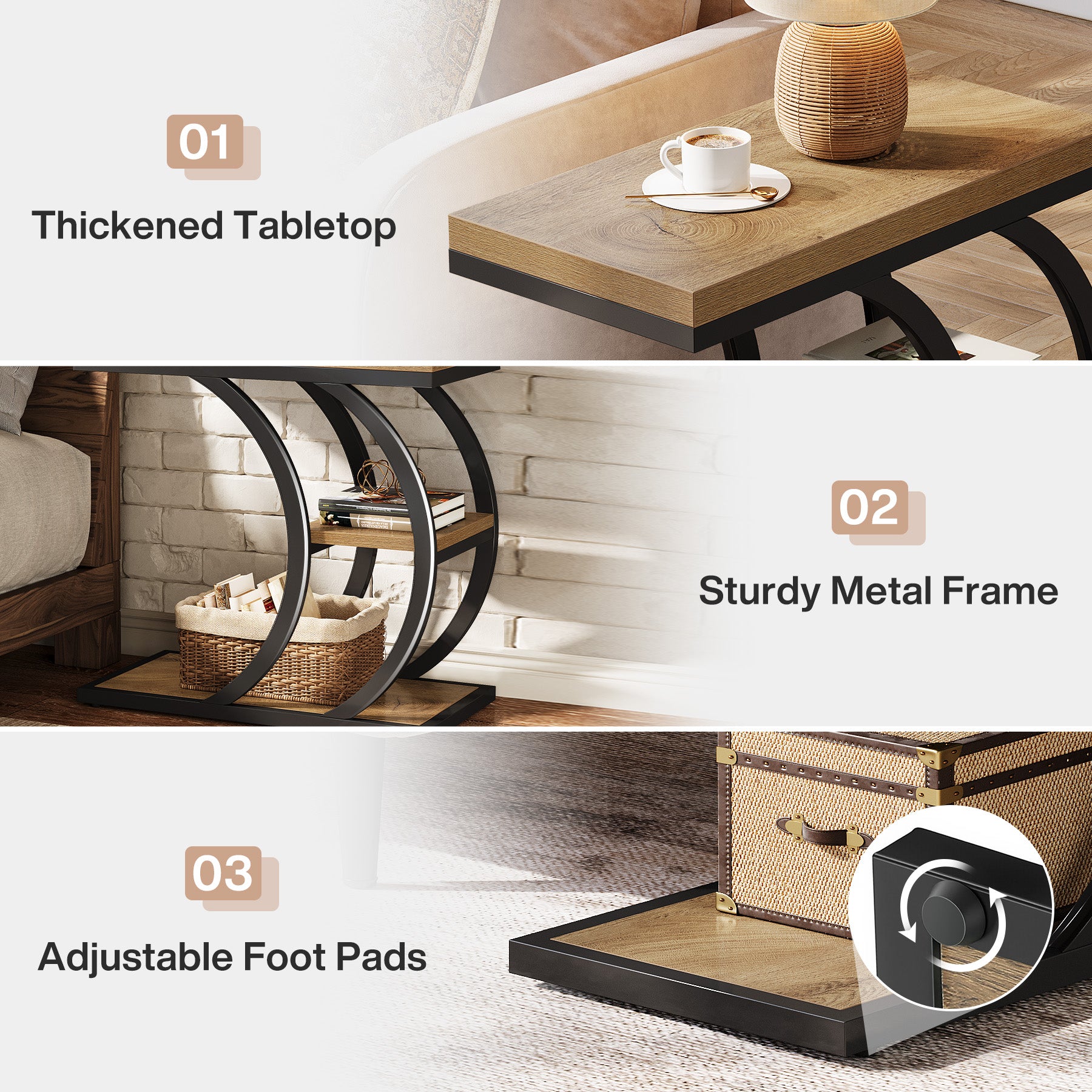 Tribesigns 60 cm Tavolino a 3 ripiani, tavolino laterale a forma di C