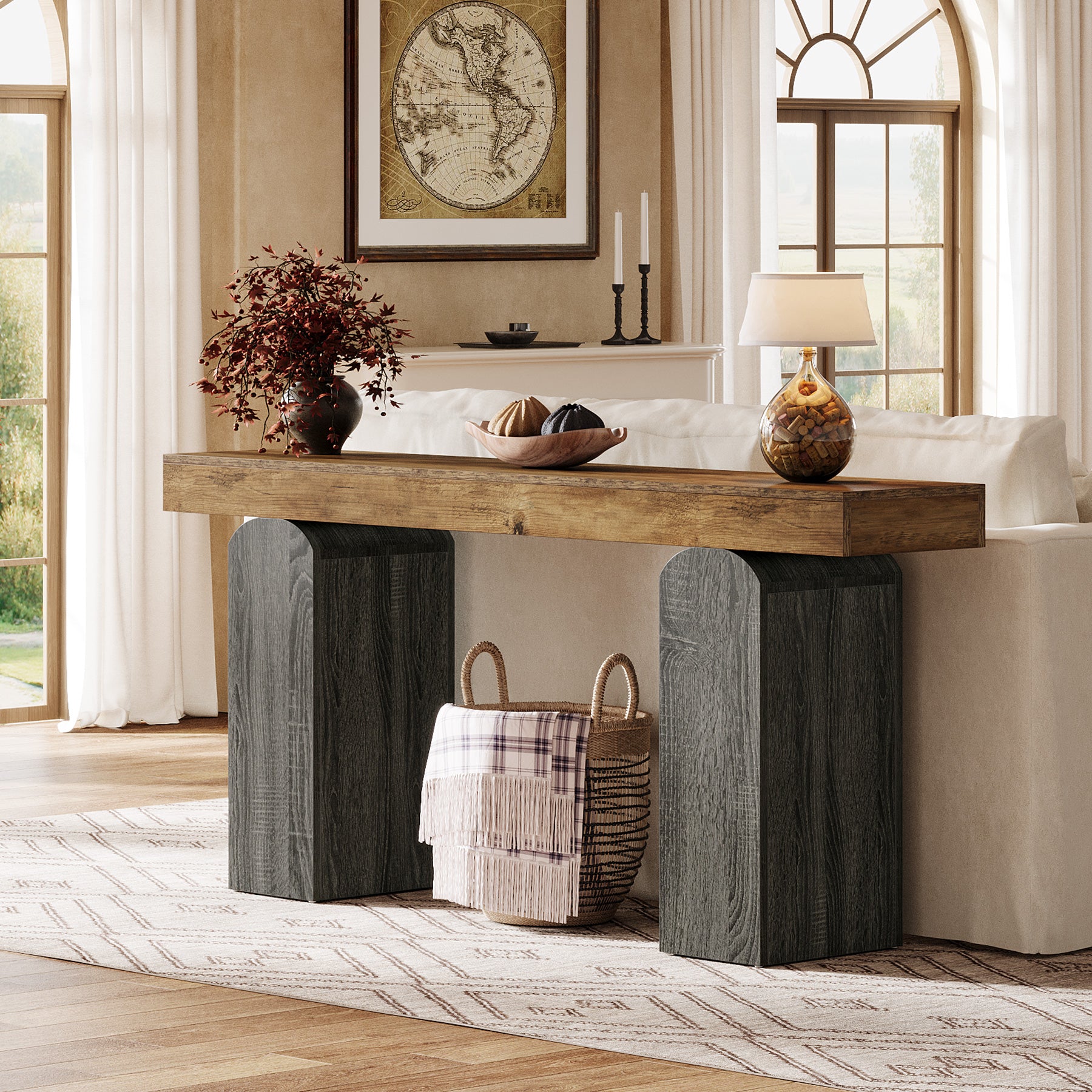 Tribesigns Tavolo consolle da 160 cm, tavolo da divano con due gambe a colonna curve.