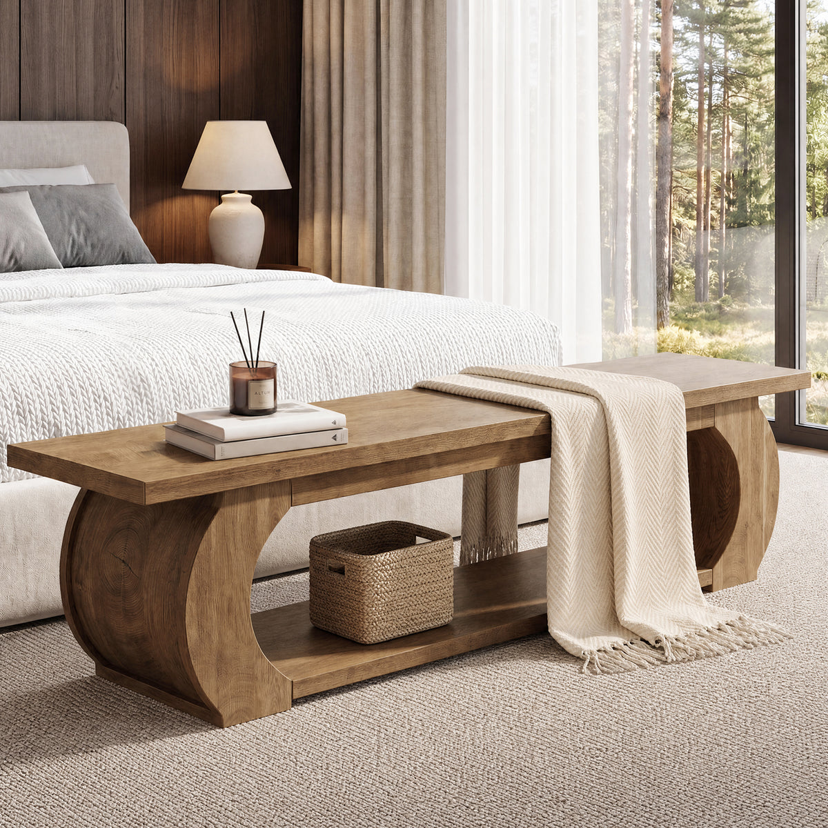 Panca Country con Ripiano Aperto e Struttura in Legno Curvata, 160 cm, per Camera da Letto