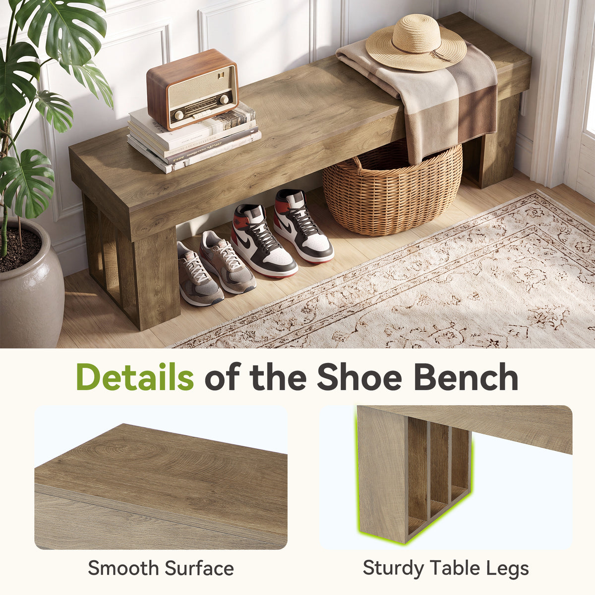 Panca Rustica in Legno Portascarpe, 140 x 35 x 45 cm, per Ingresso e Corridoio