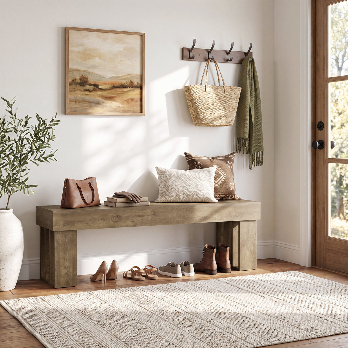 Panca Rustica in Legno Portascarpe, 140 x 35 x 45 cm, per Ingresso e Corridoio