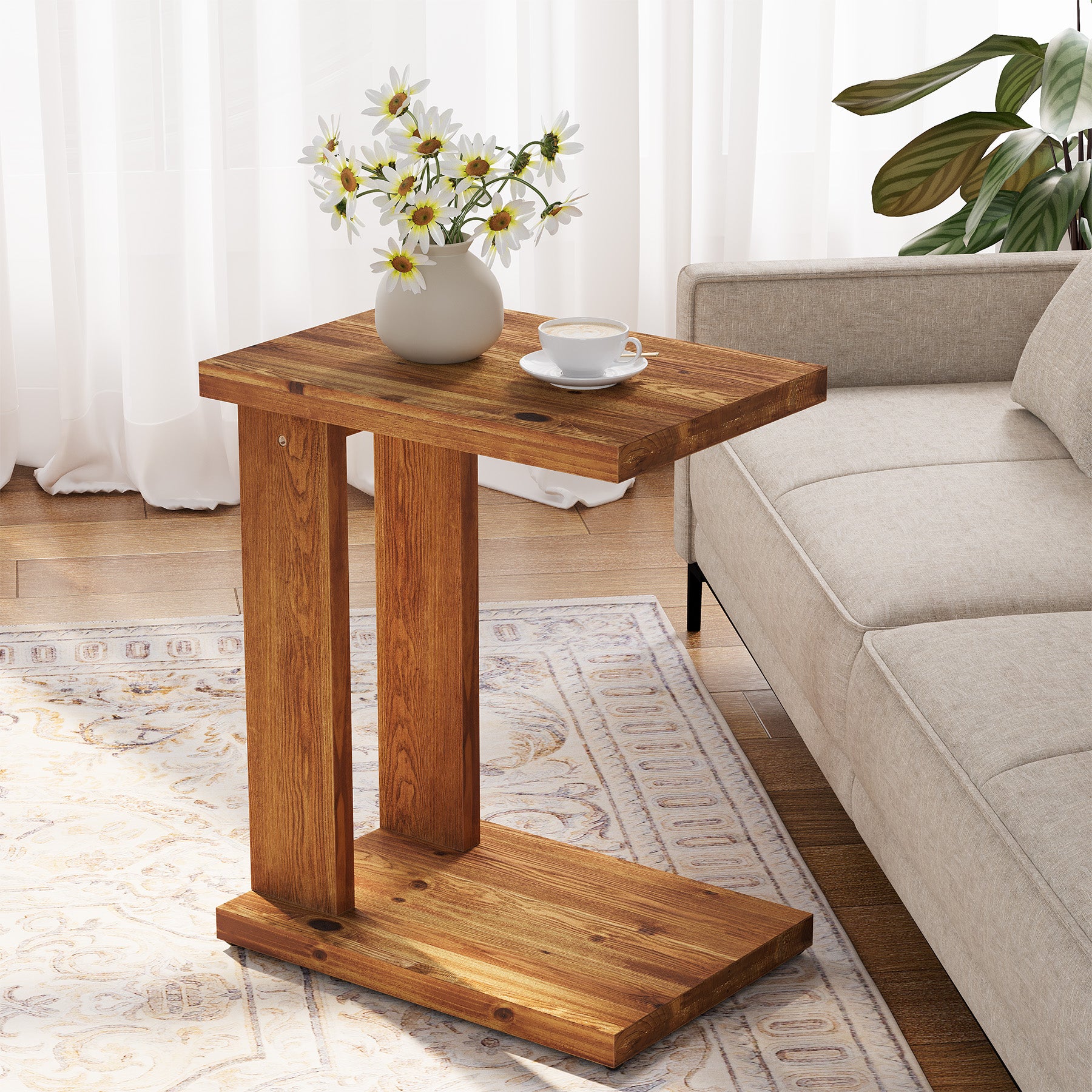 Tribesigns Tavolino a C in legno massello, 50 x 35 x 60 cm con 2 ripiani, ideale per il soggiorno