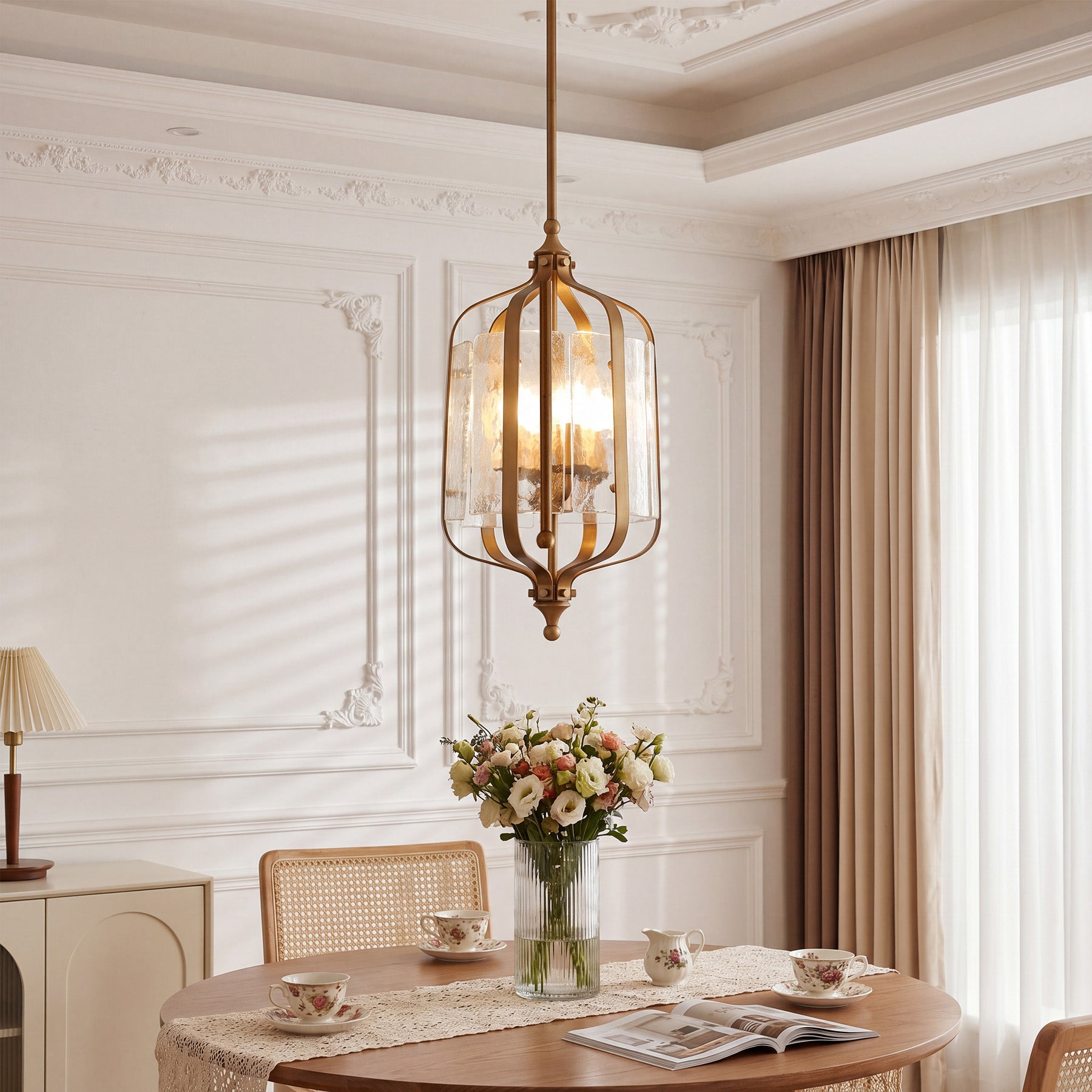 Lampadario a Sospensione Vintage Dorato, Ø 27 cm, Altezza Regolabile, per Tavolo da Pranzo