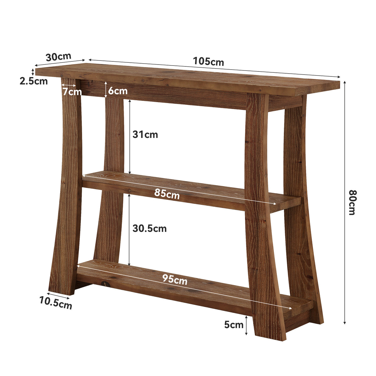 Consolle Country in Legno Massello a 3 Ripiani, 105 cm, per Ingresso