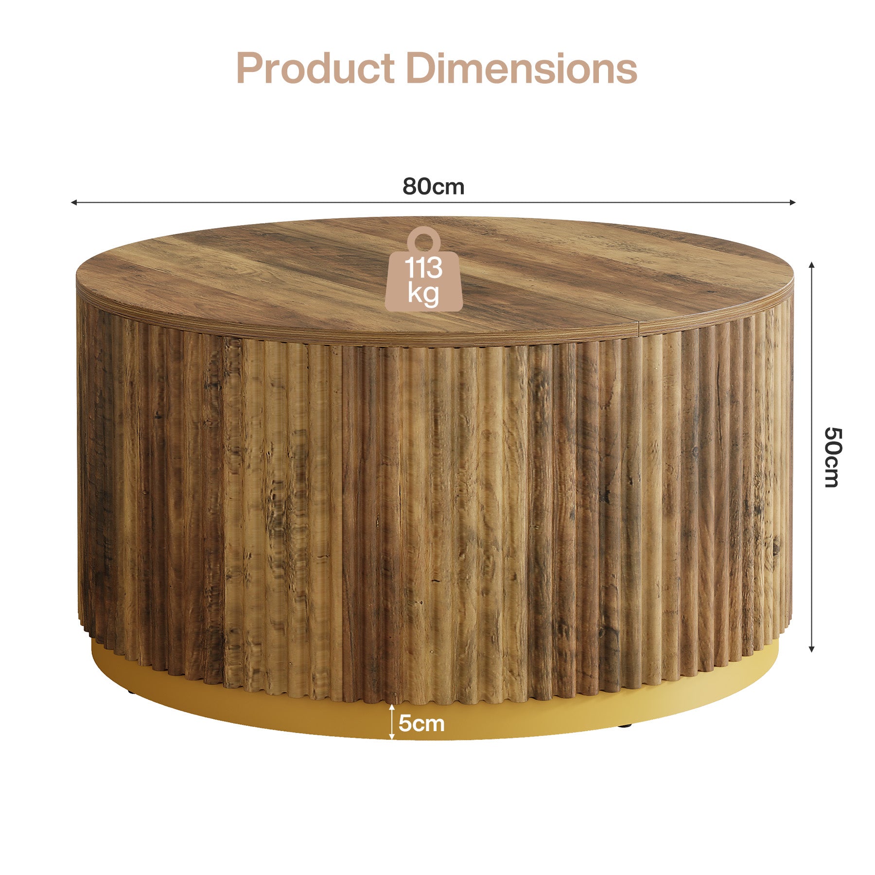 Tribesigns Tavolino rotondo da 80 cm, tavolino centrale in legno scanalato per soggiorno