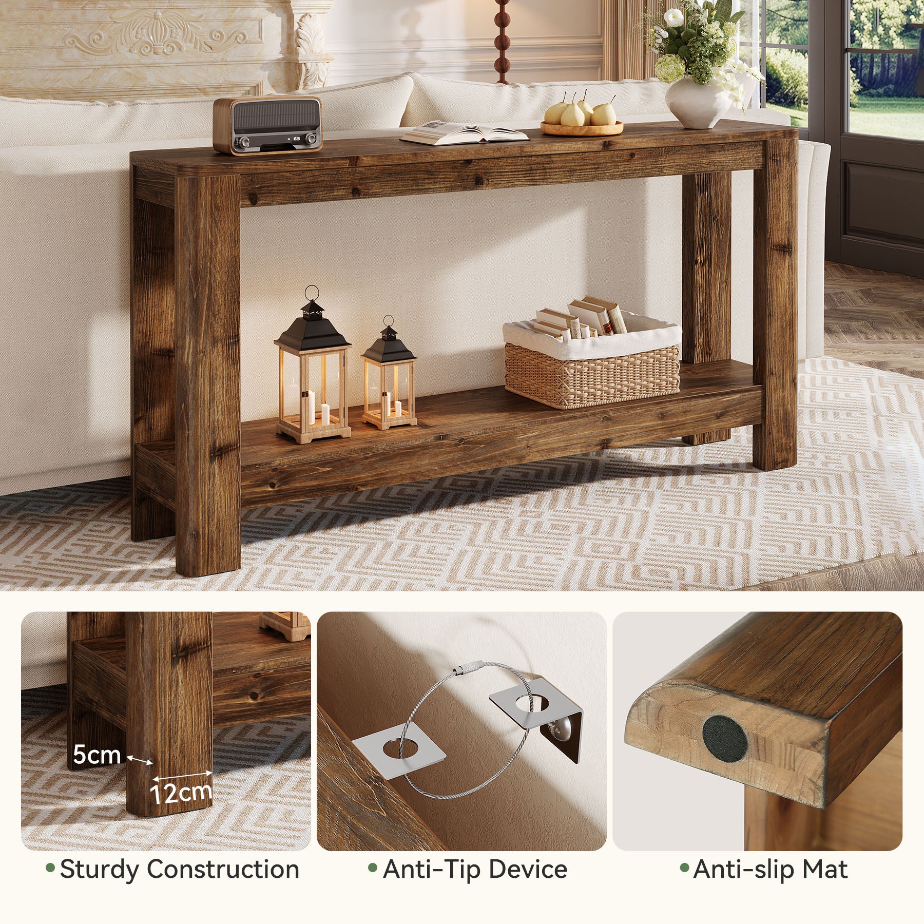 Tribesigns Consolle in legno massello da 160 cm, tavolo sottile in stile rustico per ingresso e corridoio con ripiano