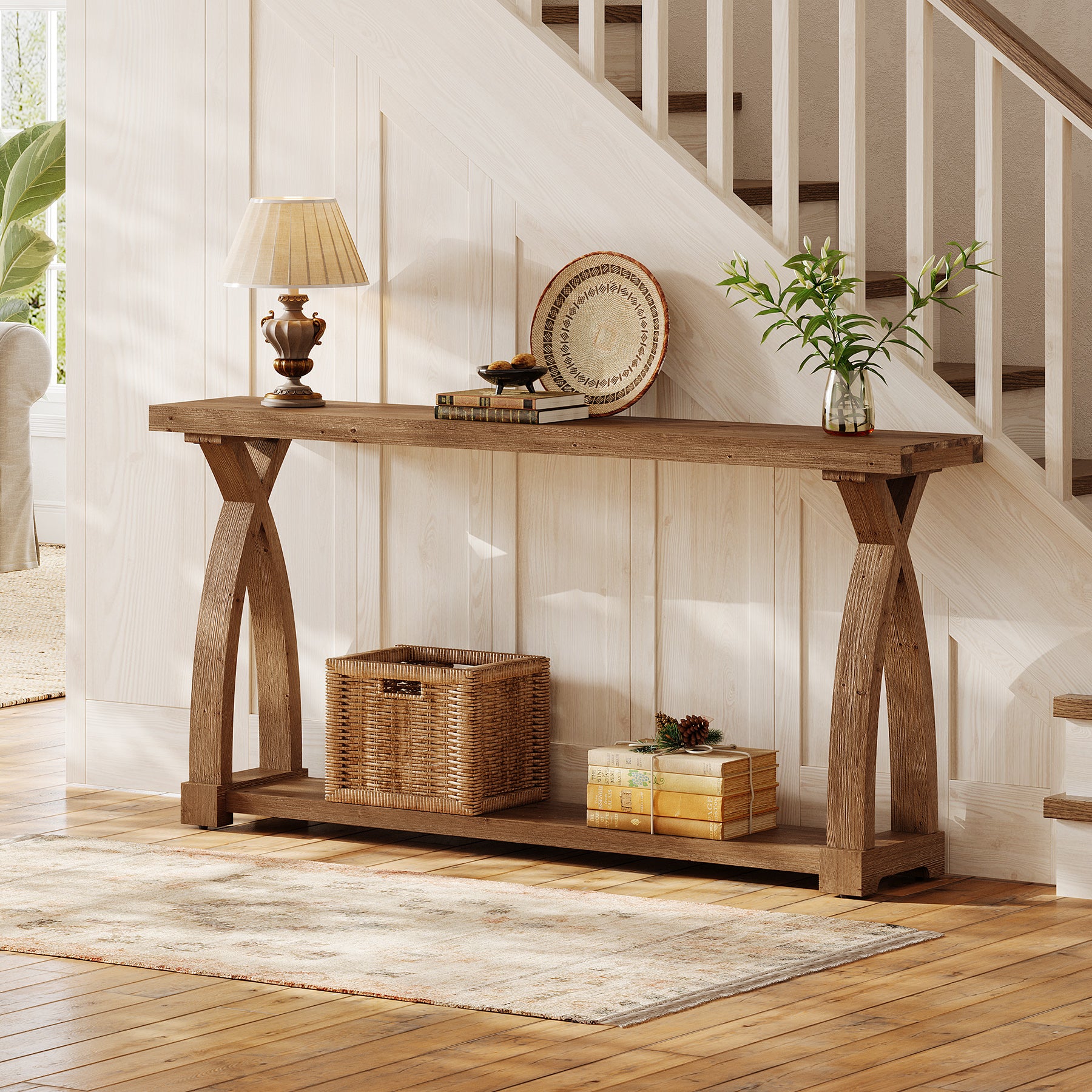 Consolle Stretta in Legno Massello a 2 Ripiani, 160 x 30 cm, per Soggiorno e Ingresso