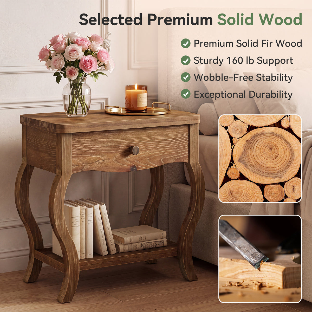 Comodino Rustico in Legno Massello con Cassetto e Ripiano, 60 cm