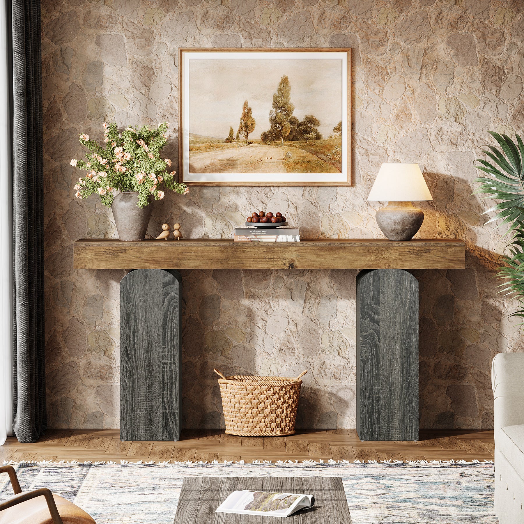 Tribesigns Tavolo consolle da 160 cm, tavolo da divano con due gambe a colonna curve.