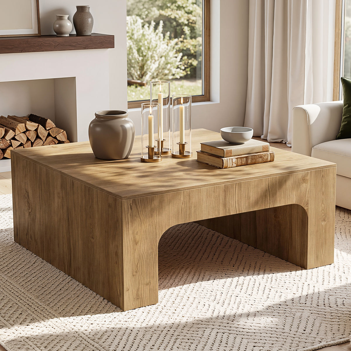 Tavolino da Salotto Quadrato Country in Legno con Design Curvato, 100 x 100 cm, per Soggiorno