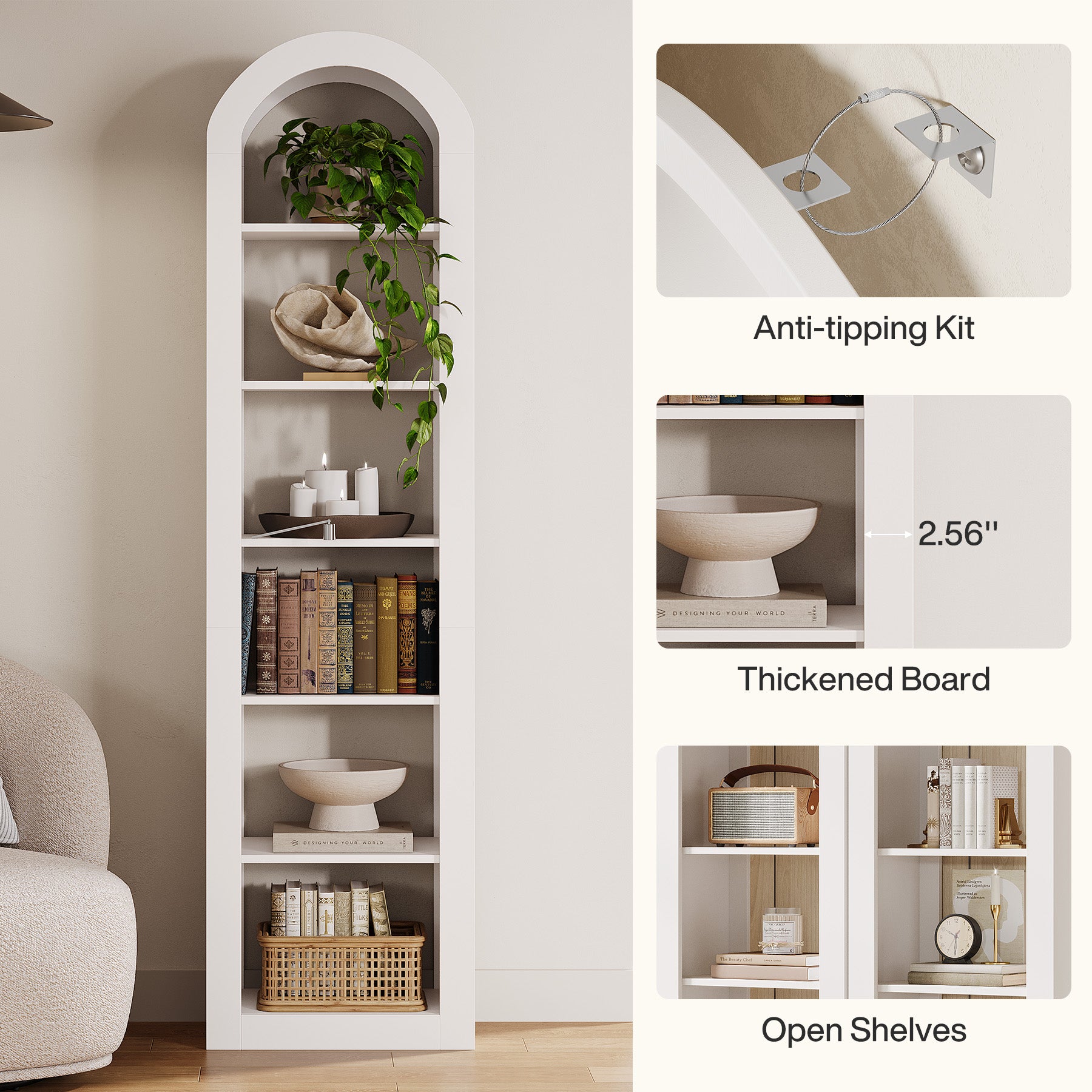 Tribesigns Libreria ad arco alta 190 cm, espositore autoportante con ripiano stretto a 6 livelli