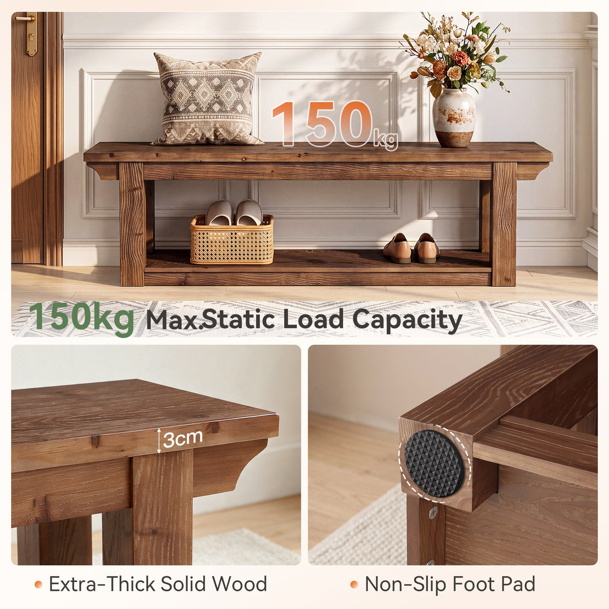Panca Country in Legno Massello a 2 Ripiani Portascarpe, 160 cm, per Ingresso