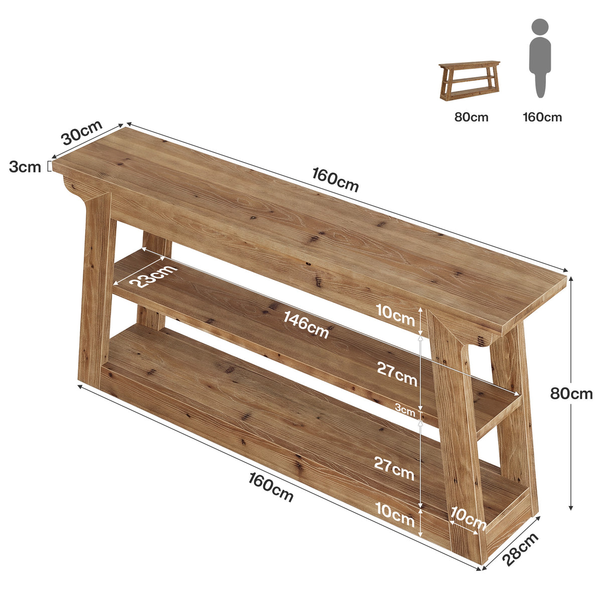 Consolle Country in Legno Massello a 3 Ripiani, 160 cm, per Ingresso e Soggiorno