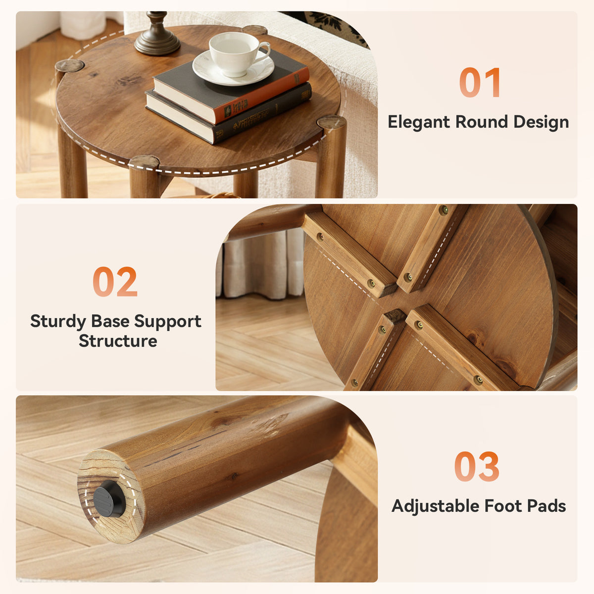 Tavolino Laterale Rotondo Country in Legno Massello con Ripiano, Ø 50 cm, per Camera da Letto
