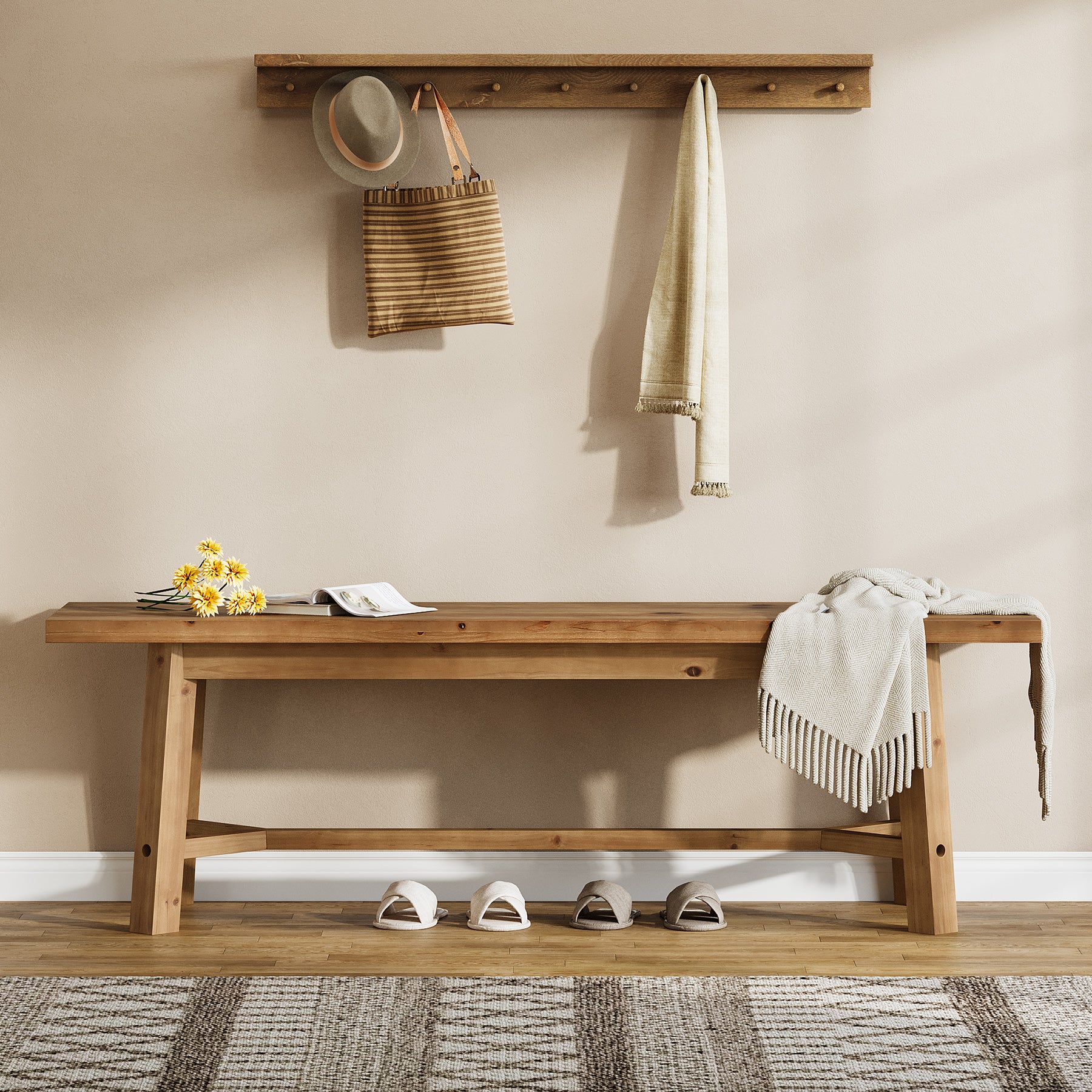 Tribesigns Panca in legno massello, 140 cm, stile rustico, ideale per l'ingresso