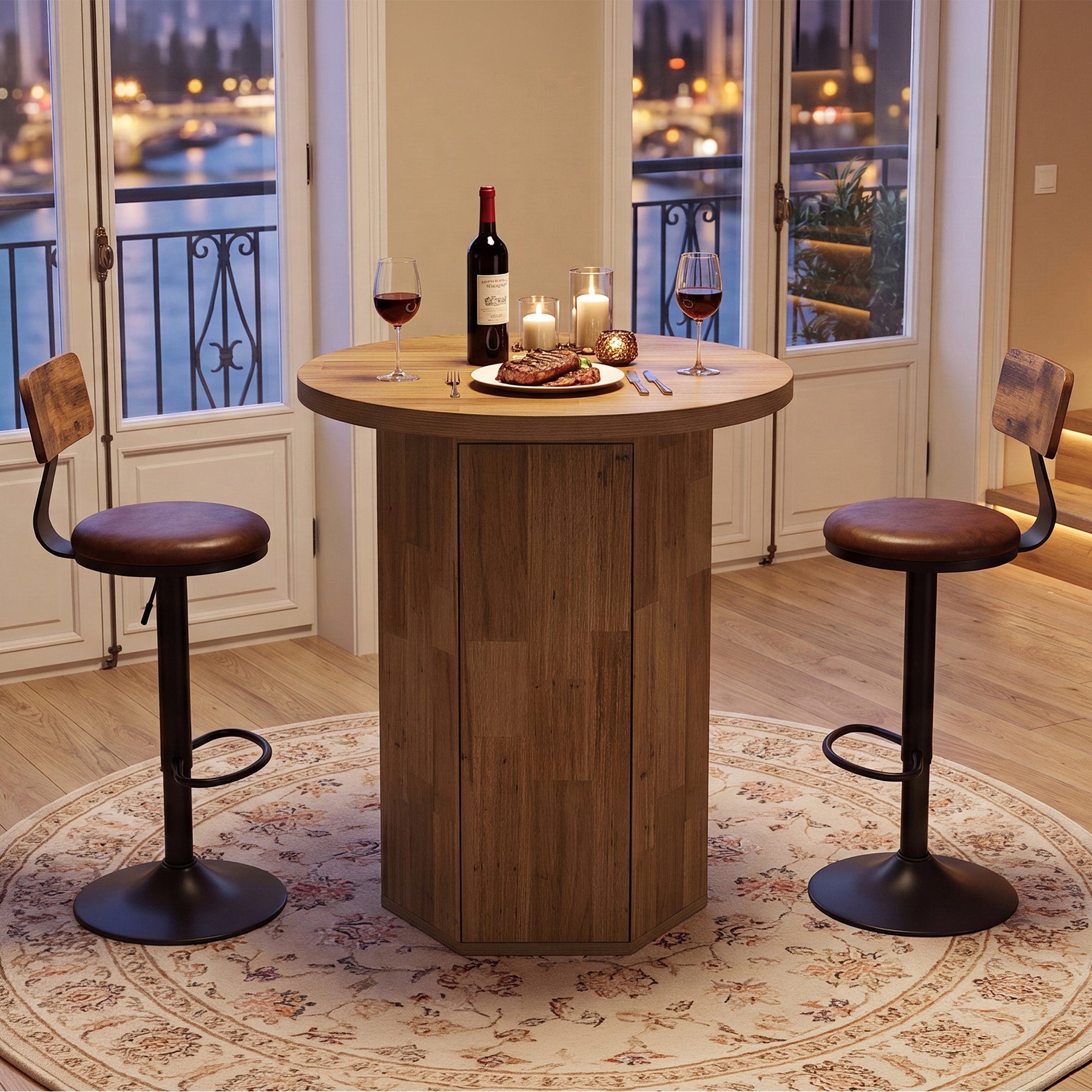 Tavolo da Bar Alto Rotondo Country con Vano Contenitore, Ø 80 cm, per Cucina e Soggiorno