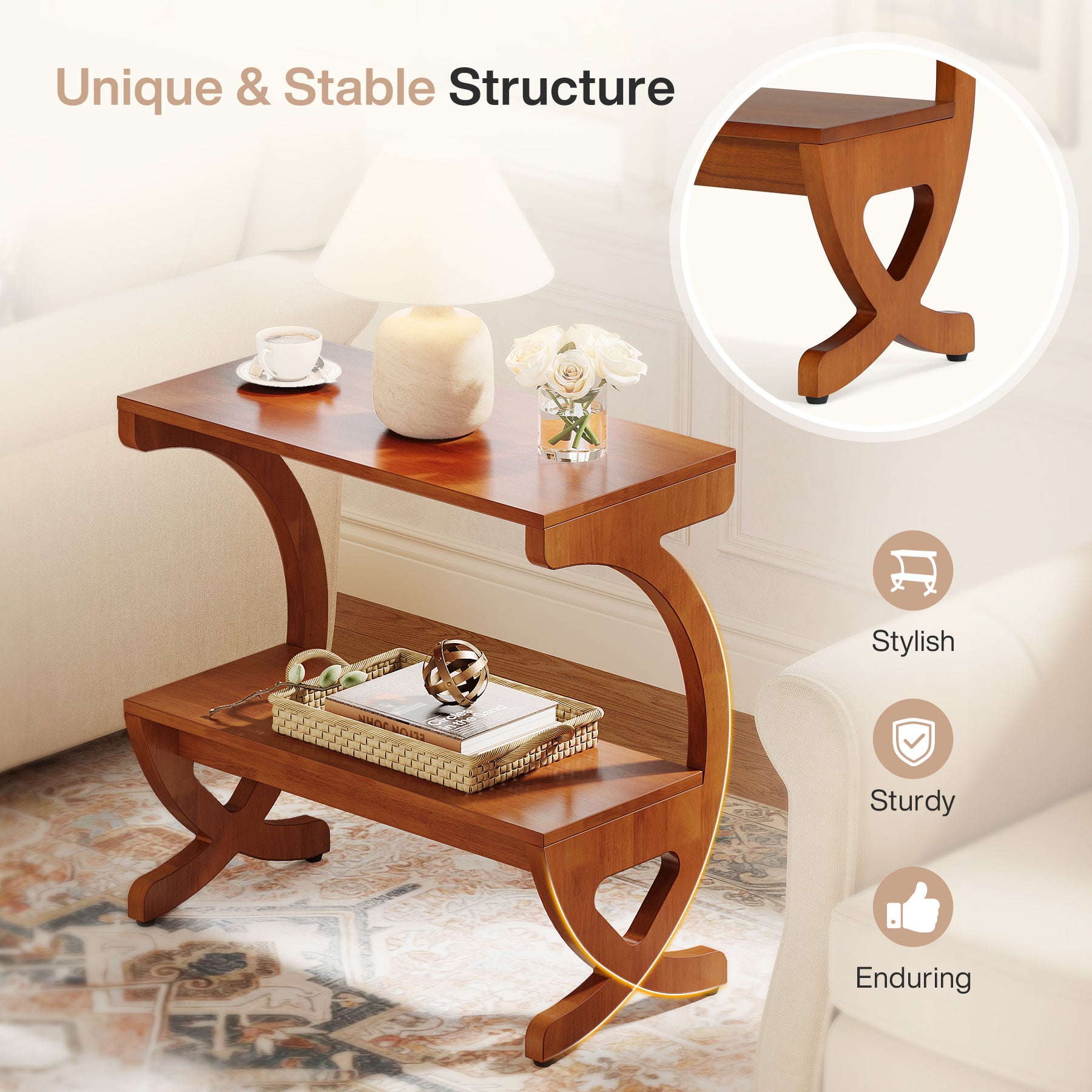 Tavolino Laterale Mid-Century in Legno Massello a 2 Ripiani, per Soggiorno e Camera da Letto