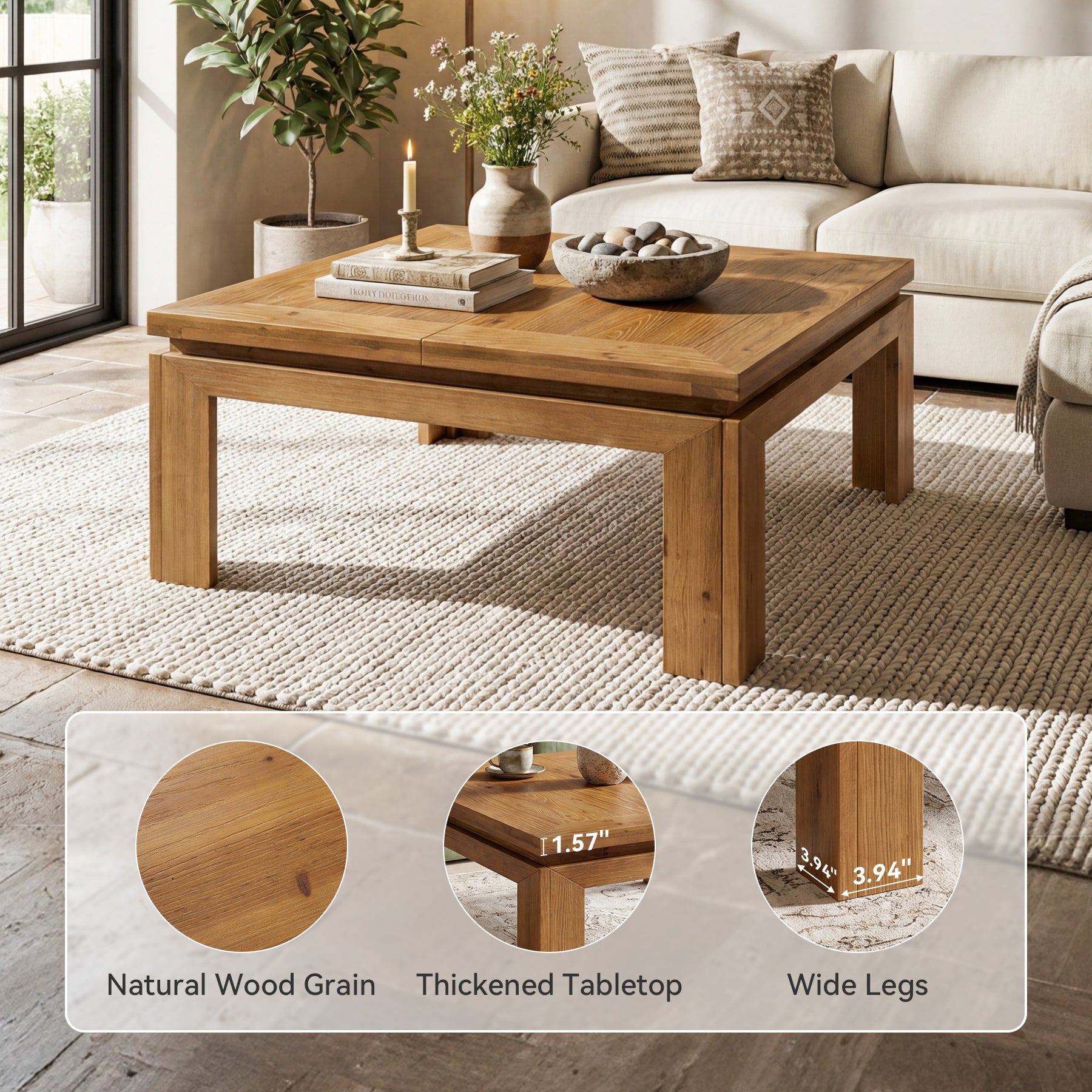 Tribesigns Tavolino da caffè quadrato da 100 cm in legno massello con bordo incassato, stile rustico, ideale per il soggiorno