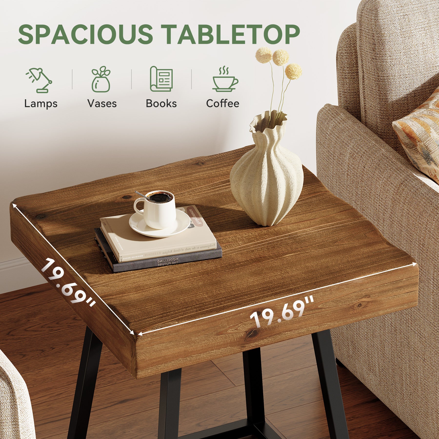 Tavolino Laterale Quadrato in Legno Massello con Struttura in Metallo, 50 x 50 cm