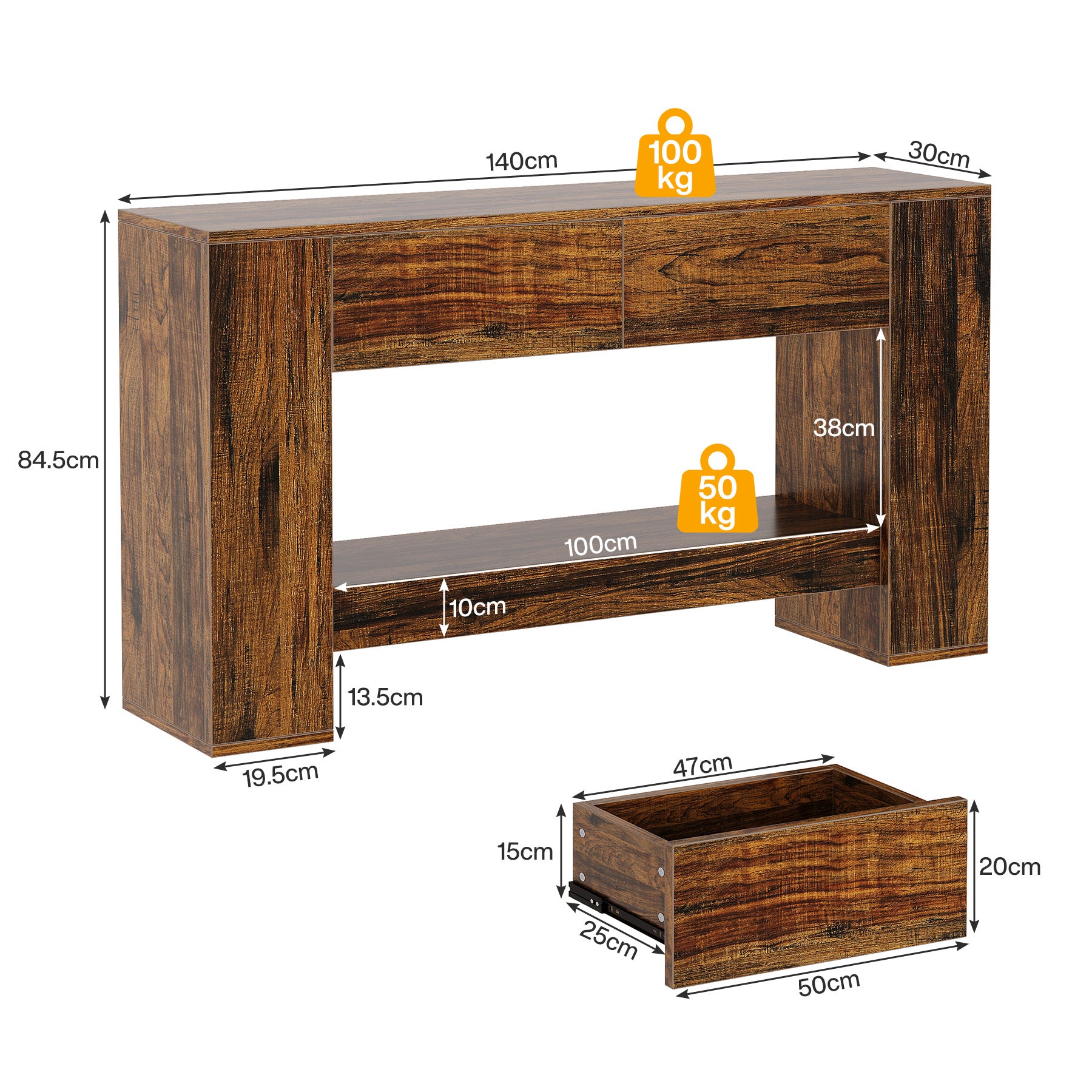 Tribesigns Tavolo consolle da 140 cm, tavolo da ingresso in legno a 2 livelli con cassetti