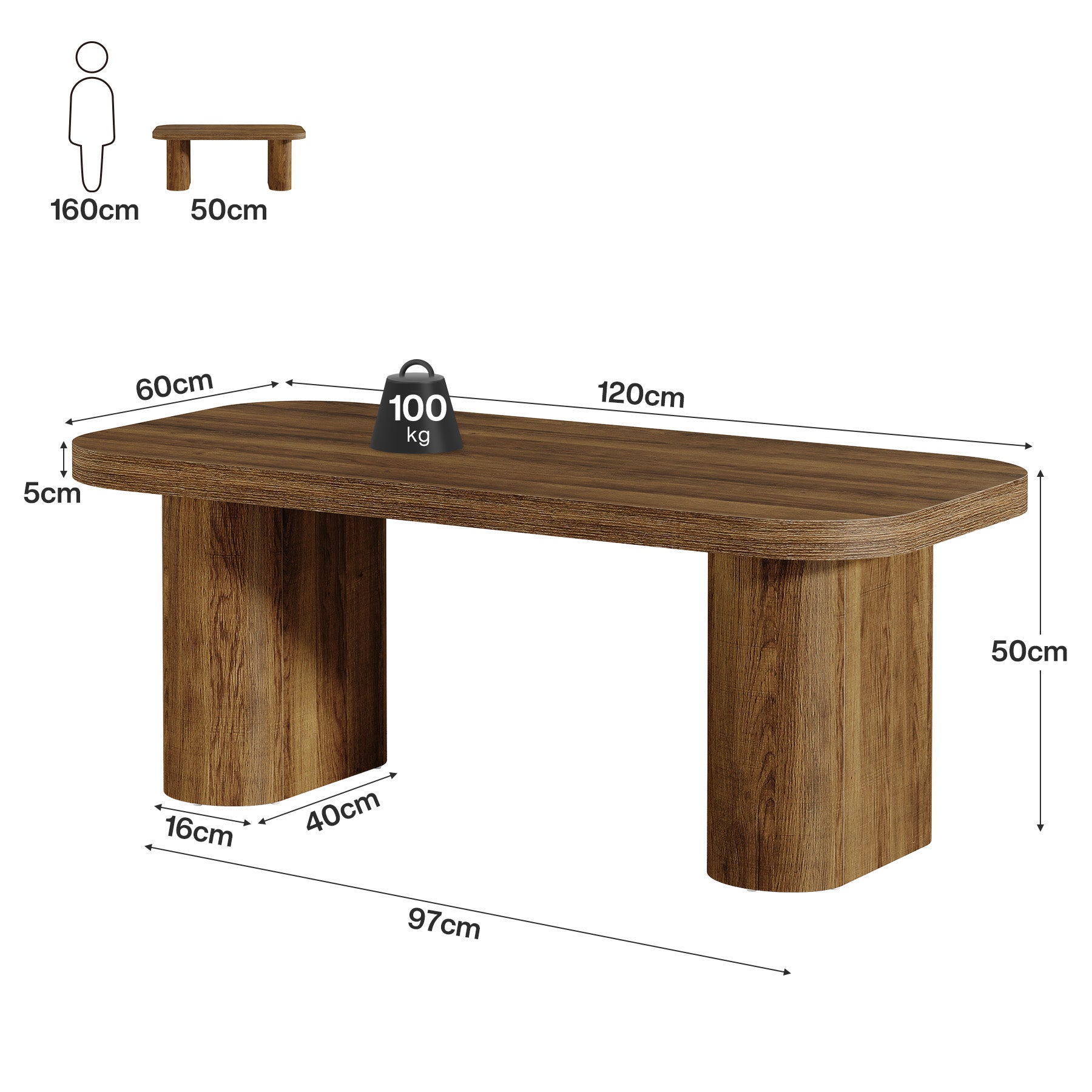 Tribesigns Tavolino da caffè rettangolare da 120 cm, tavolino centrale con angoli arrotondati