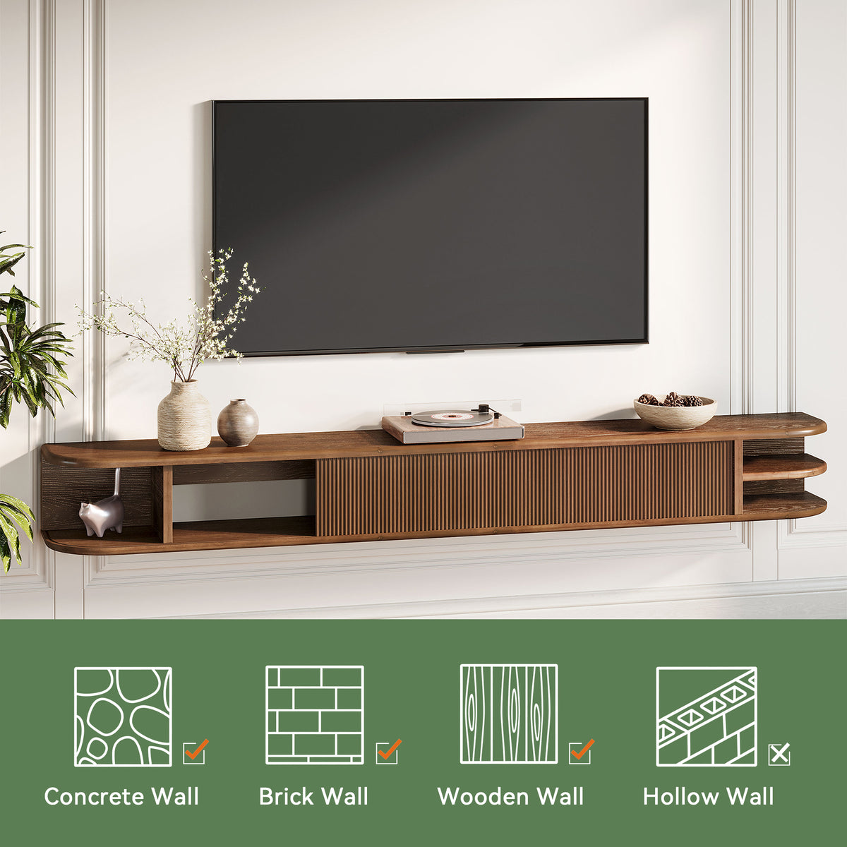 Mobile TV Sospeso in Legno Massello con Ante Scanalate, 180 cm, per TV fino a 90"