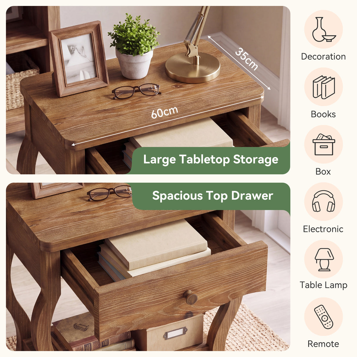 Tavolino Laterale Alto Rustico in Legno Massello con Cassetto, 60 cm, per Soggiorno