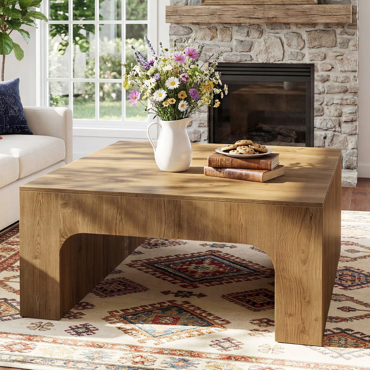 Tavolino da Salotto Quadrato Country in Legno con Design Curvato, 100 x 100 cm, per Soggiorno