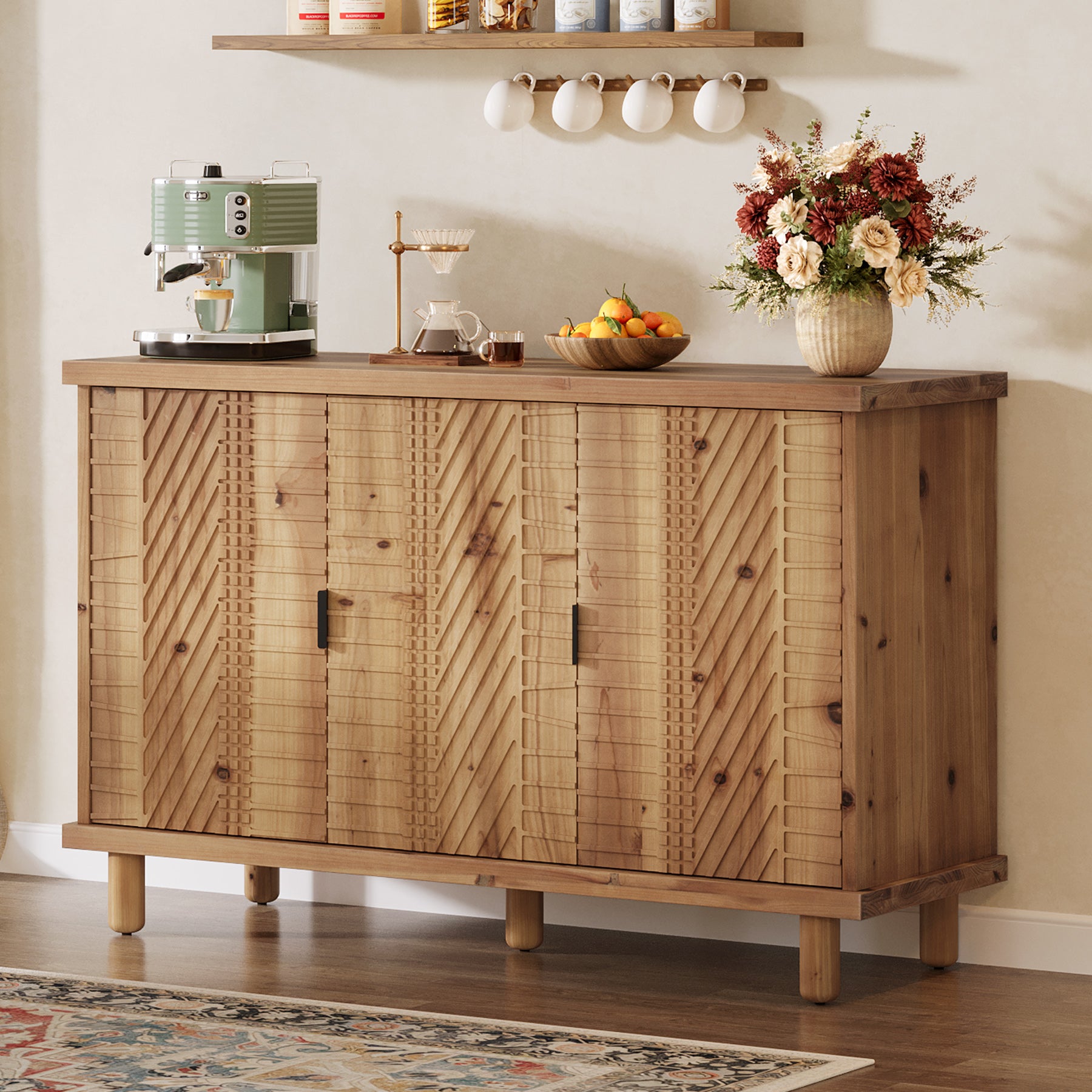 Tribesigns Credenza in legno massello con vano contenitore, Mobile in stile rustico con 3 ante e 2 ripiani regolabili