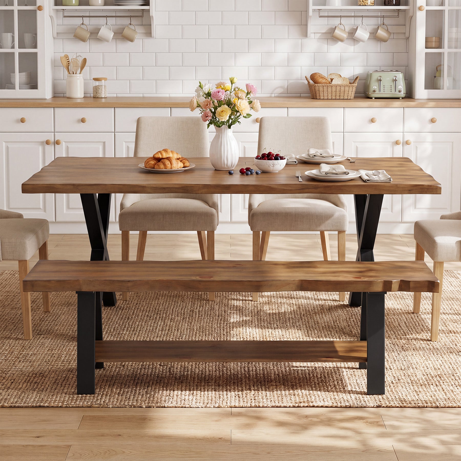 Panca da Pranzo in Legno Massello con Bordo Vivo e Struttura in Metallo, 140 cm