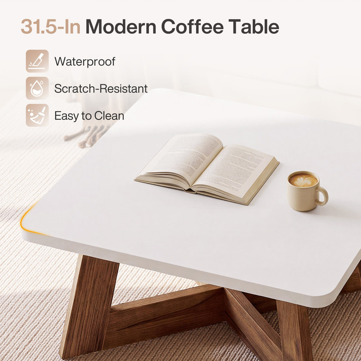 Tavolino da Salotto Quadrato Moderno Bianco con Base a Croce, 80 x 80 cm, per Soggiorno