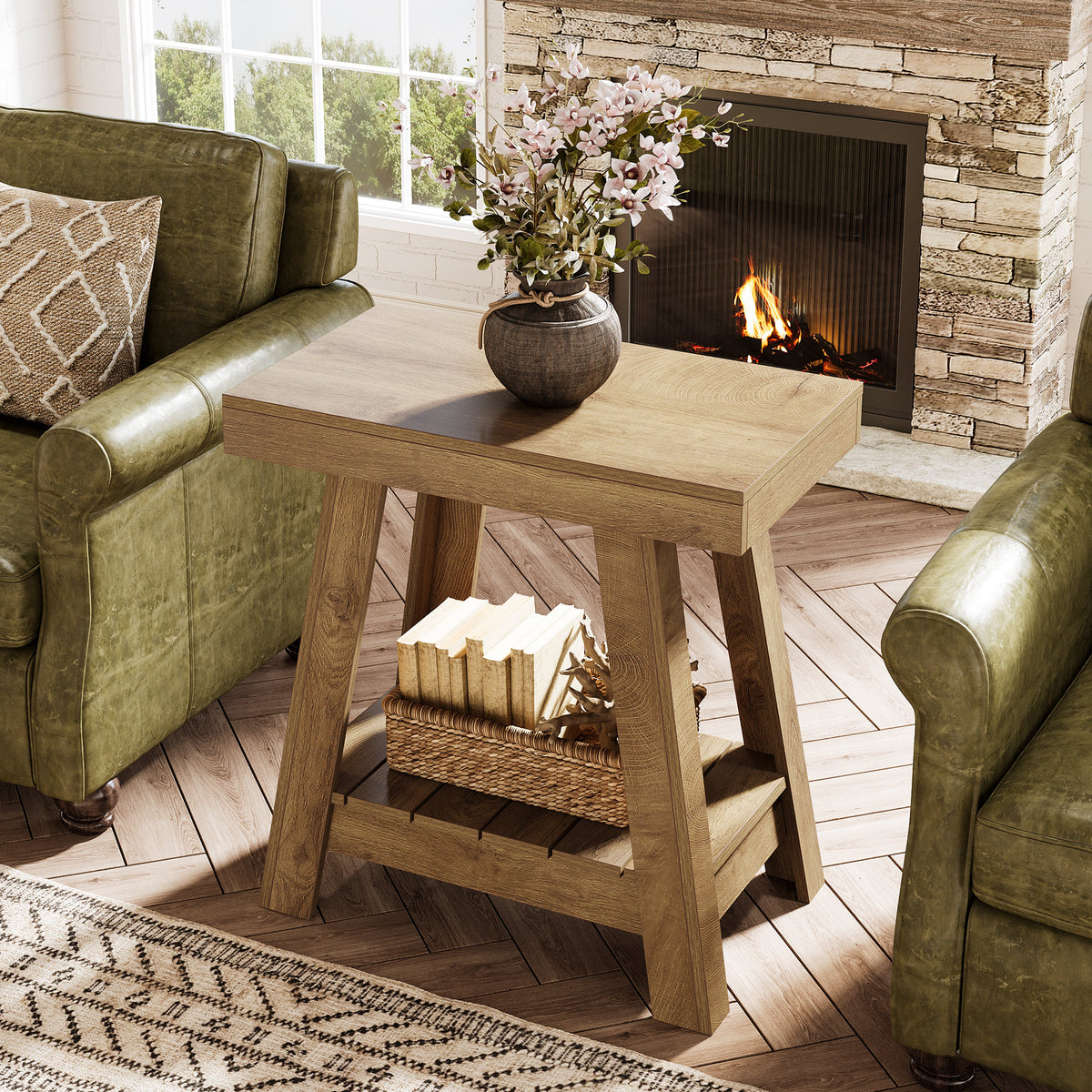 Tavolino Laterale Country a 2 Ripiani con Base Trapezoidale, 60 cm, per Soggiorno
