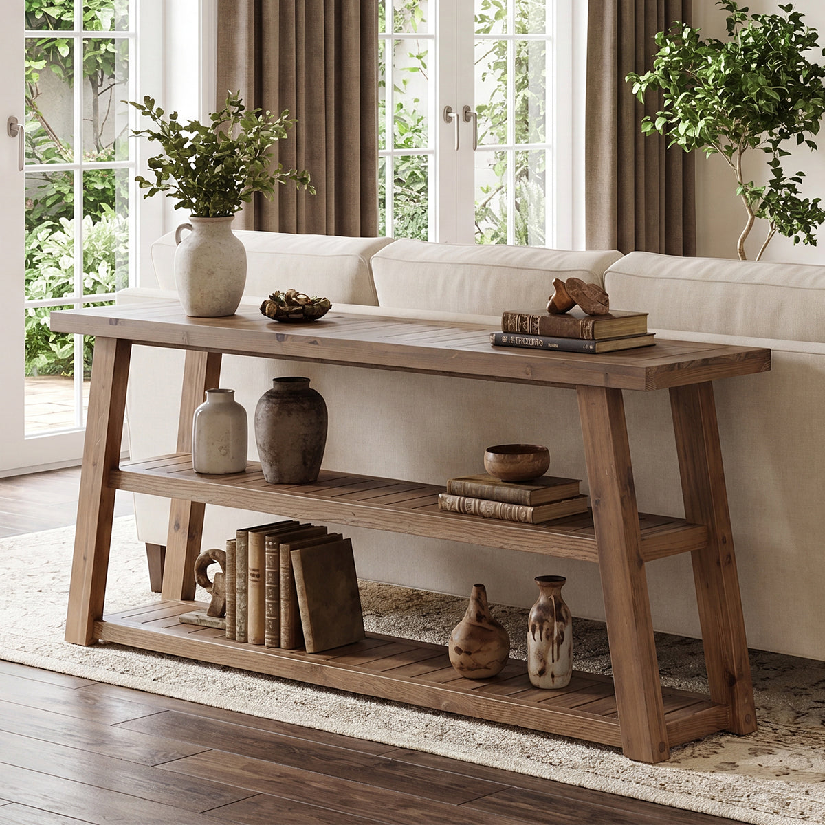 Consolle Country in Legno Massello a 3 Ripiani, 160 cm, per Ingresso